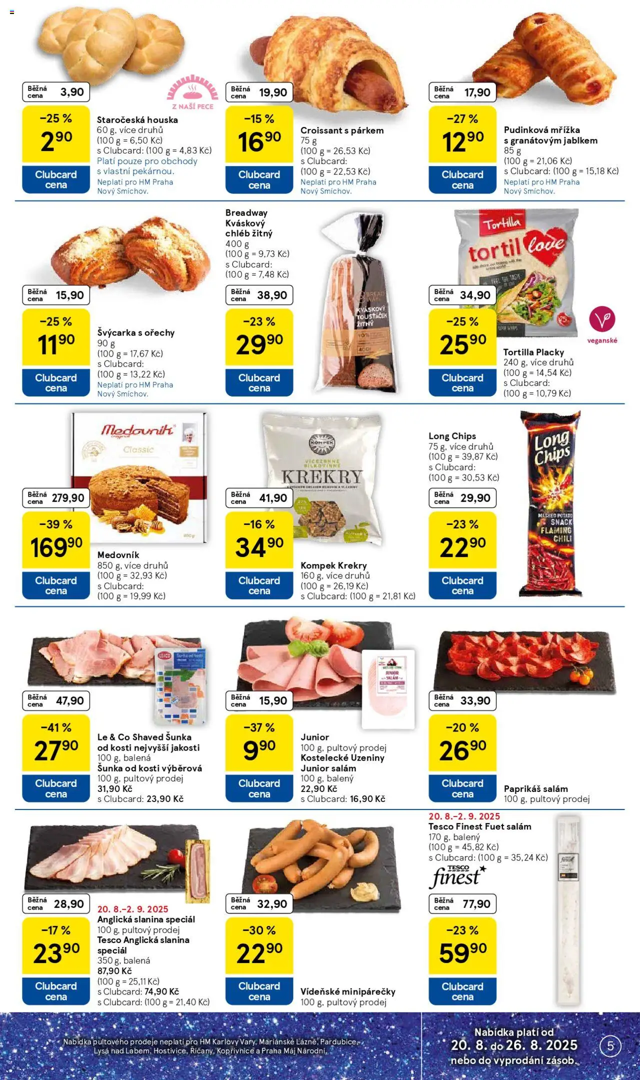 Tesco leták - Hypermarket od 20.08.2025 | Strana: 5 | Produkty: Šunka od kosti, Chléb, Slanina, Fuet