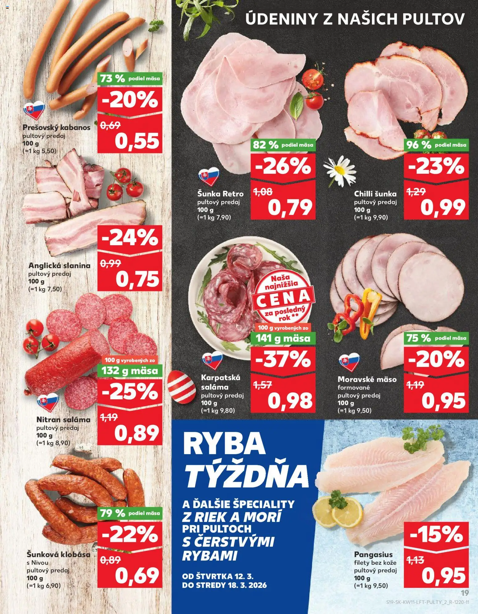 Nové Kaufland akcie – leták je platný od 12.03.2026 | Strana: 19 | Produkty: Šunka, Klobása, Chilli, Ryba