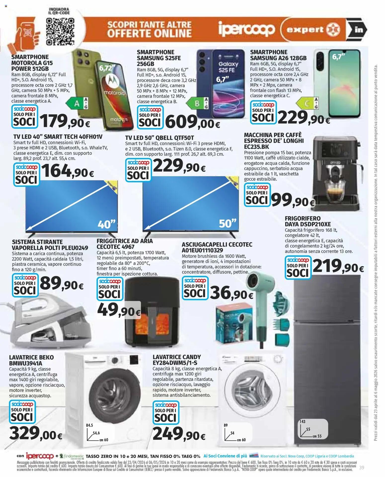 Volantino Ipercoop del 23.04.2026 | Pagina: 39 | Prodotti: smart TV, Centrifuga, Lavatrice, Smartphone