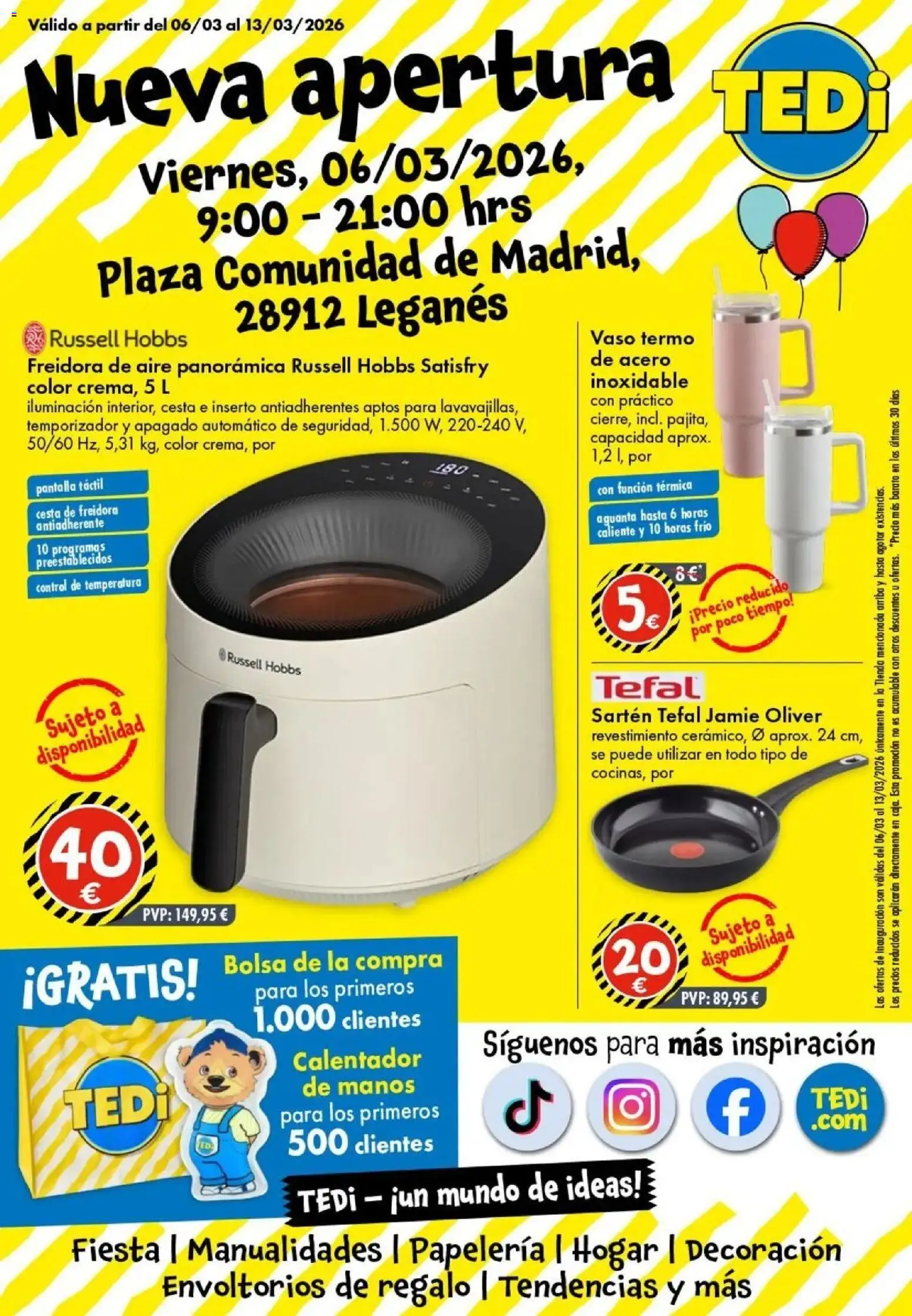 TEDi - Nueva apertura │ válido desde el 06.03.2026 | Página: 1 | Productos: Bolsa, Freidora, Galette de chaise, Cesta