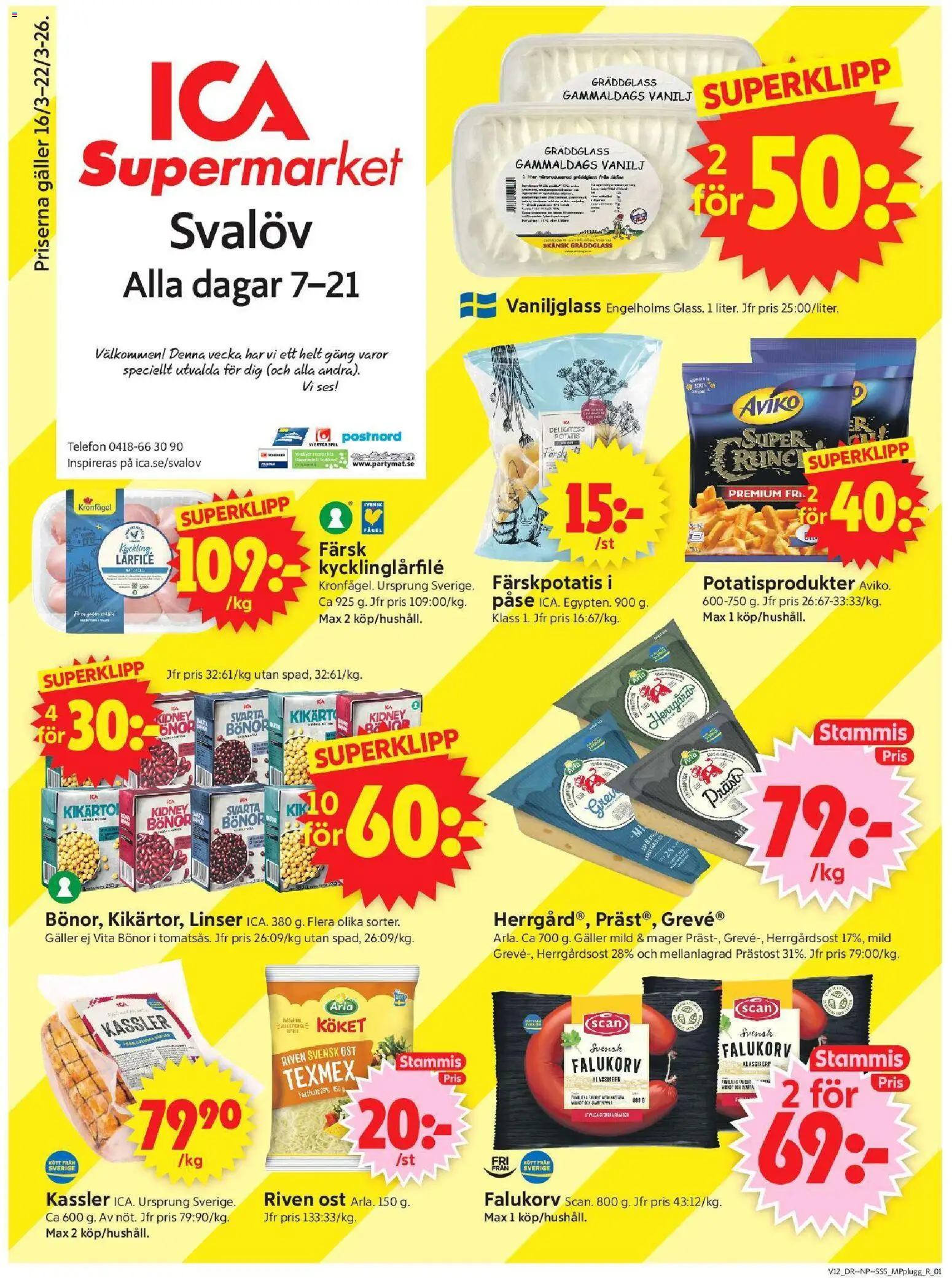 ICA Supermarket reklamblad aktuell från 16.03.2026 | Sida: 1 | Produkter: Linser, Kassler, Galler, Telefon