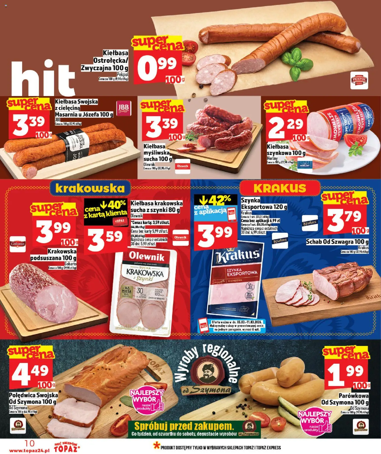 Topaz gazetka - MAZ od 05.03.2026 | Strona: 10 | Produkty: Kiełbasa, Schab, Myśliwska, Kiełbasa krakowska