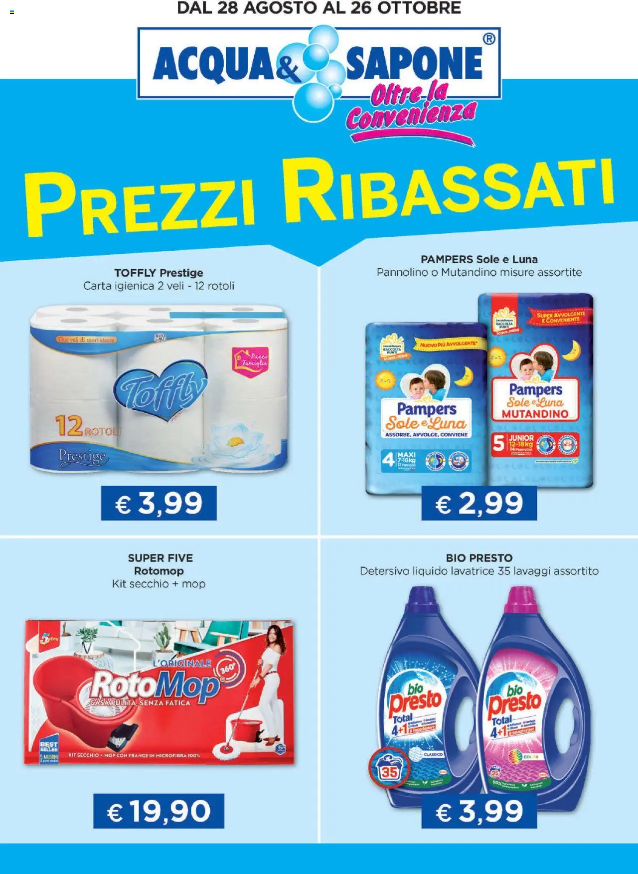 Volantino Acqua e Sapone del 28.08.2025 | Pagina: 1 | Prodotti: Sapone, Smacchiatore, Pampers, Secchio