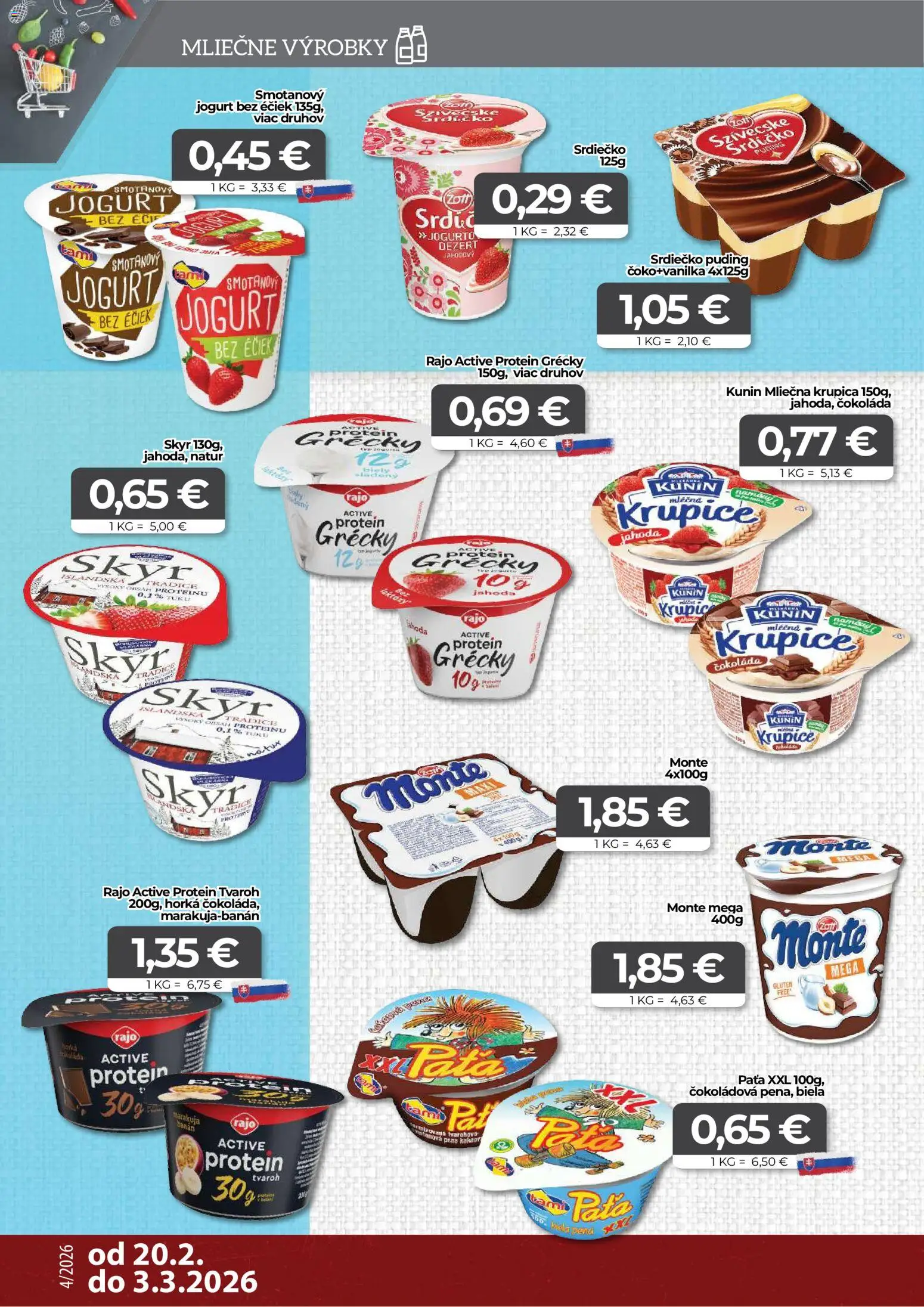 Nové CBA Komfos akcie – leták je platný od 20.02.2026 | Strana: 4 | Produkty: Jogurt, Skyr, Čokoláda, Tvaroh