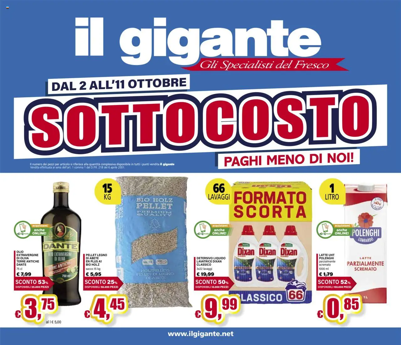 Volantino Il Gigante del 02.10.2025 | Pagina: 1 | Prodotti: Pellet, Latte, Olio, Lavatrice