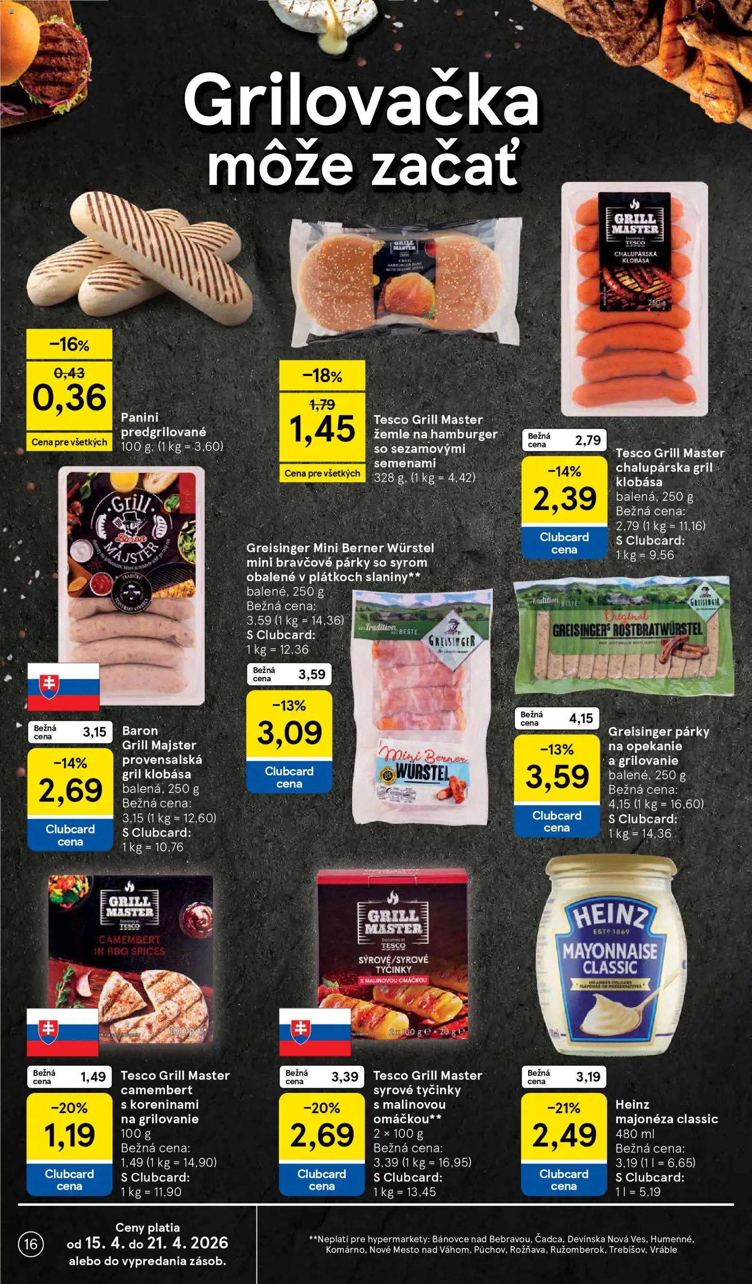 Nové Tesco akcie – leták je platný od 15.04.2026 | Strana: 16 | Produkty: Gril, Klobása, Párky