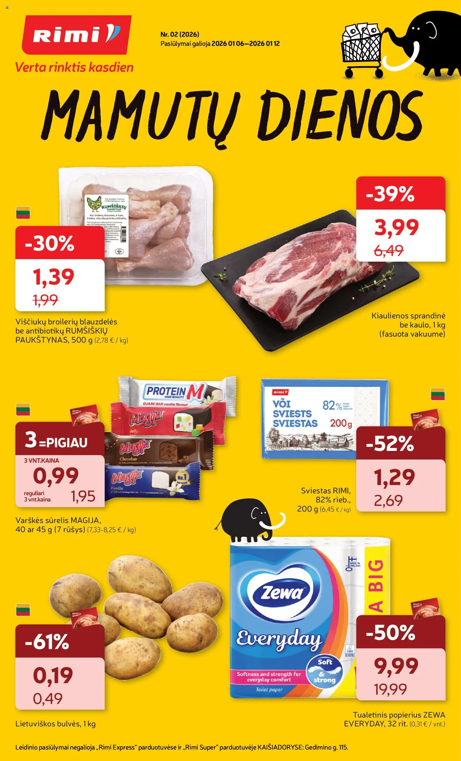 Rimi akcijos nuo 06.01.2026 | Puslapis: 1 | Prekių: Sūrelis, Kiaulienos, Sviestas, Tualetinis popierius