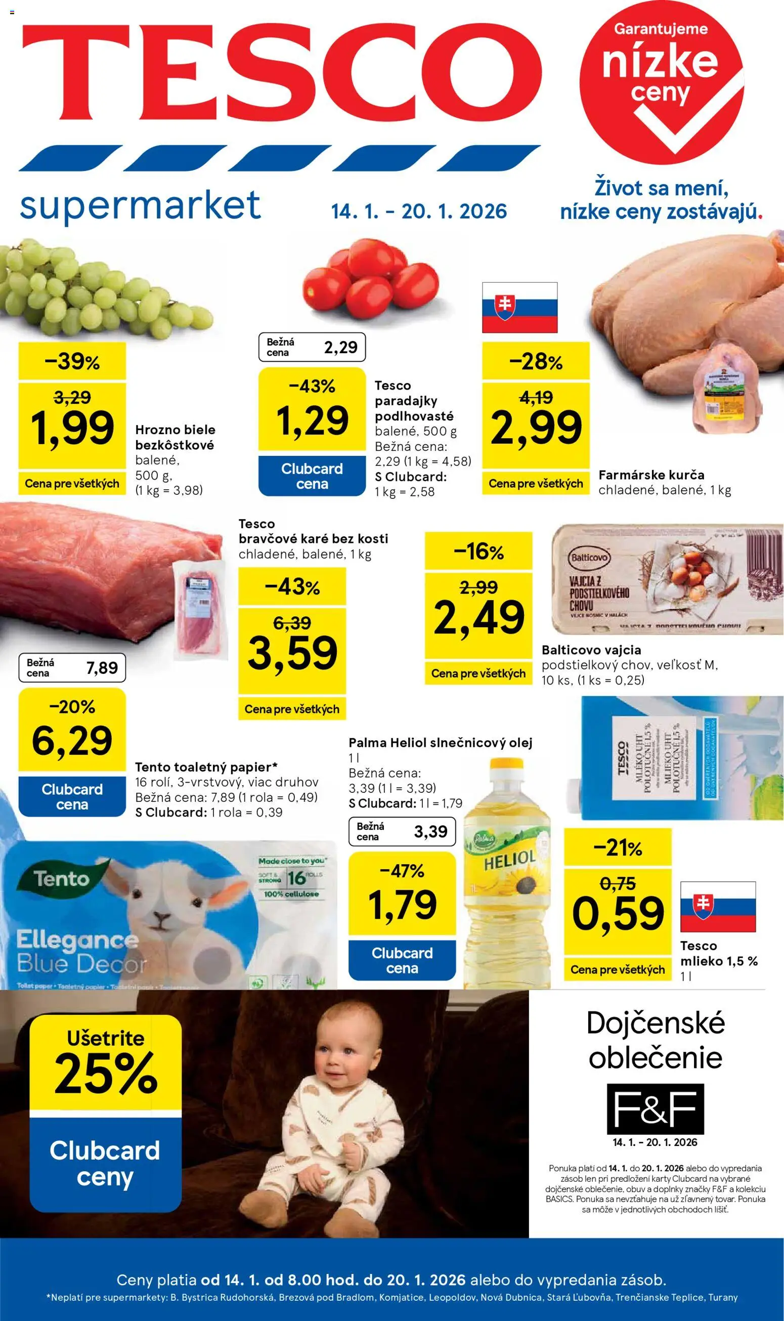 Nové Tesco akcie – leták je platný od 14.01.2026 | Strana: 1 | Produkty: Olej, Paradajky, Slnečnicový olej, Kurča