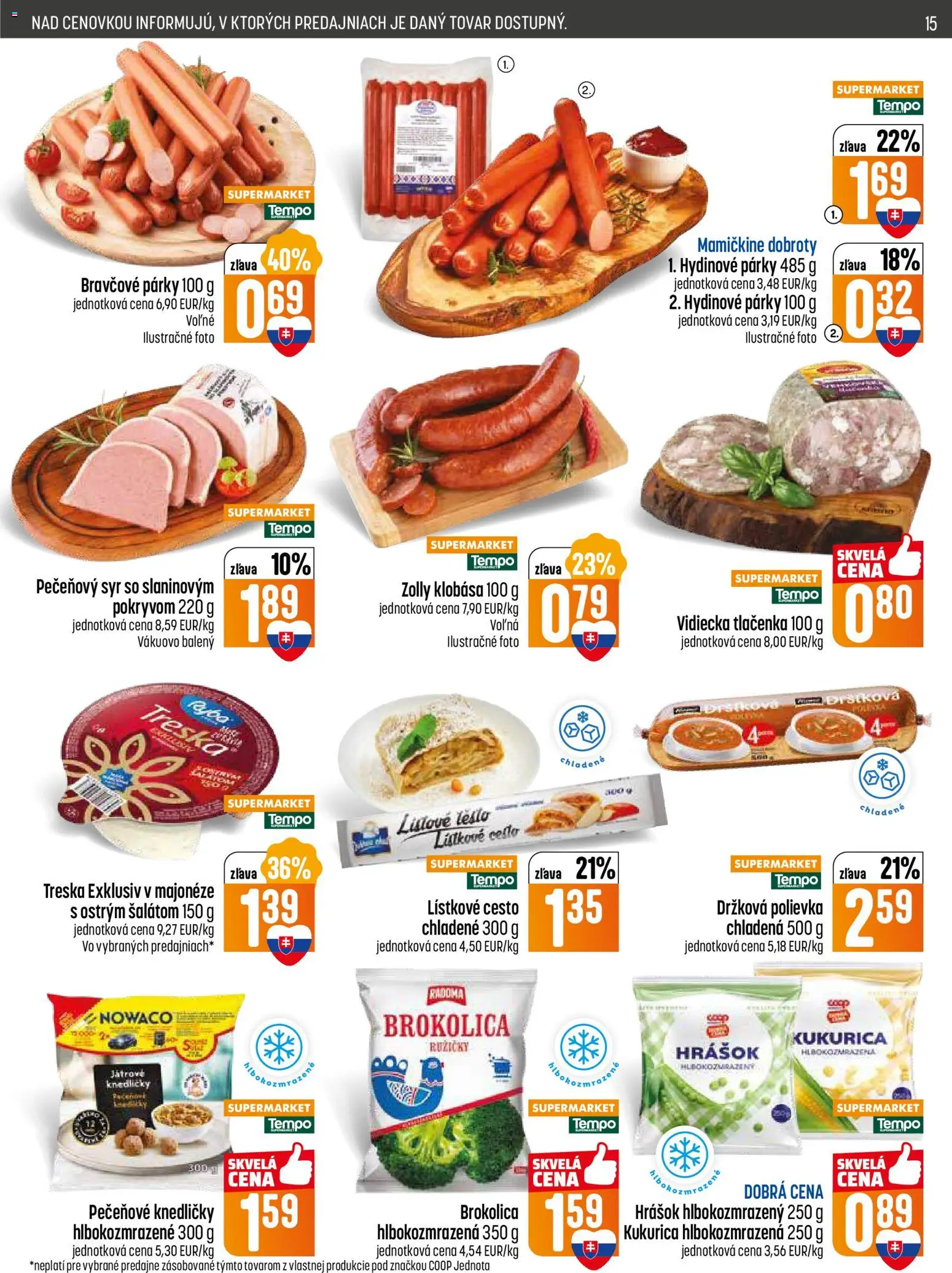 Nové COOP Jednota akcie – leták je platný od 15.01.2026 | Strana: 15 | Produkty: Syr, Brokolica, Párky, Treska