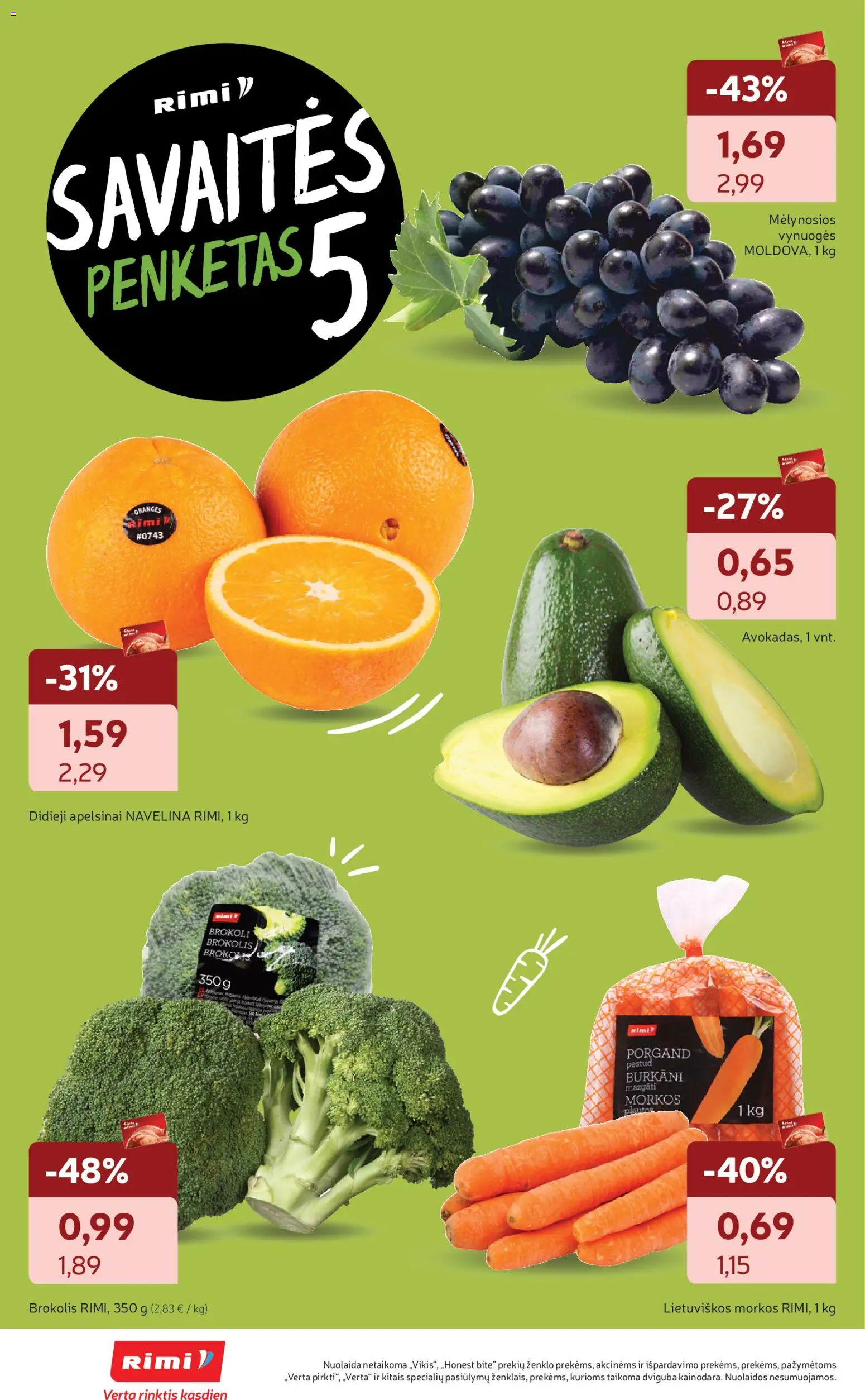 Rimi akcijos nuo 06.01.2026 | Puslapis: 10 | Prekių: Brokolis, Vynuogės, Apelsinai, Morkos
