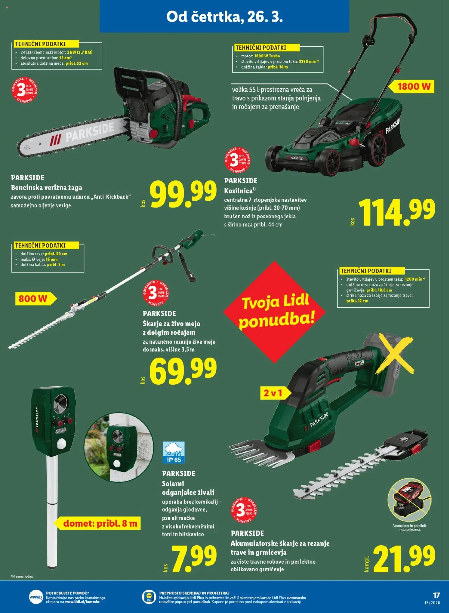 Novi Lidl katalog ponudbe – veljaven od 26.03.2026 | Stran: 27 | Izdelki: Škarje za živo mejo, Verižna žaga, Akumulator, Polnilnik