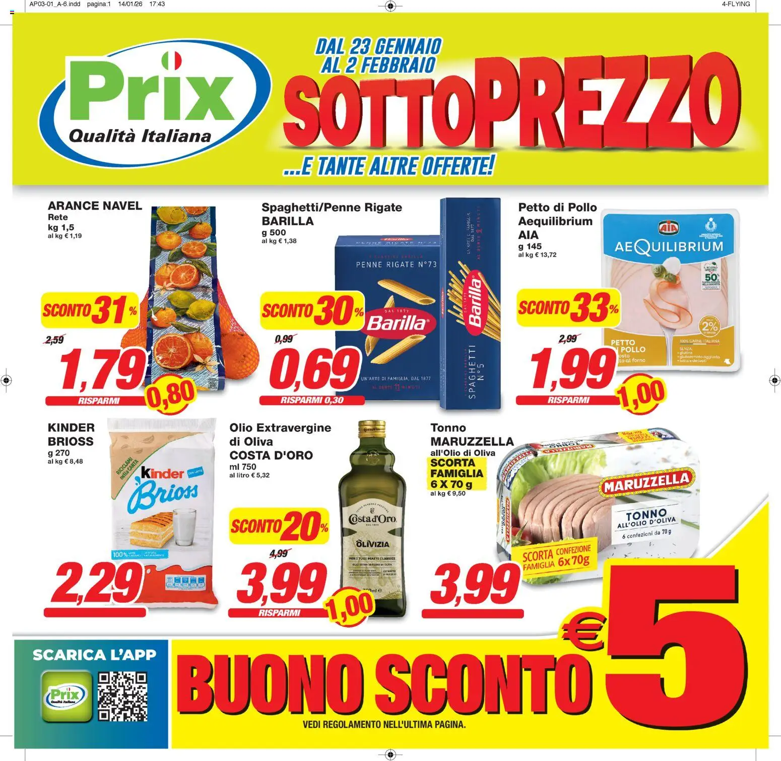 Volantino Prix del 23.01.2026 | Pagina: 1 | Prodotti: Arance, Olio, Tonno, Penne