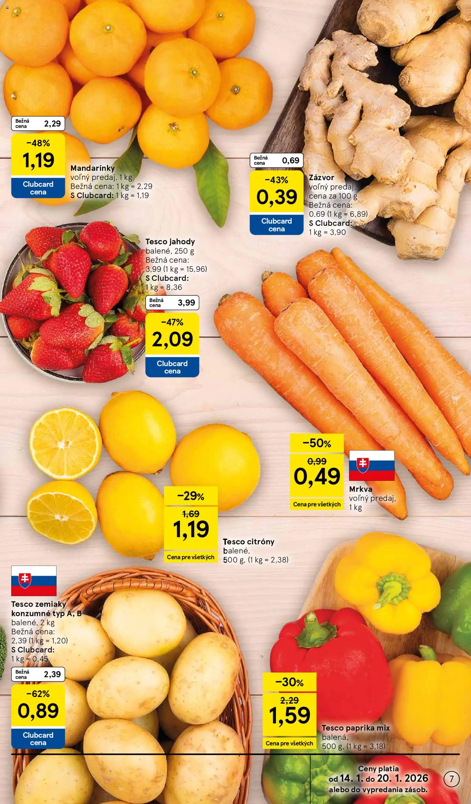 Nové Tesco akcie – leták je platný od 14.01.2026 | Strana: 7 | Produkty: Paprika, Citróny, Jahody, Mrkva