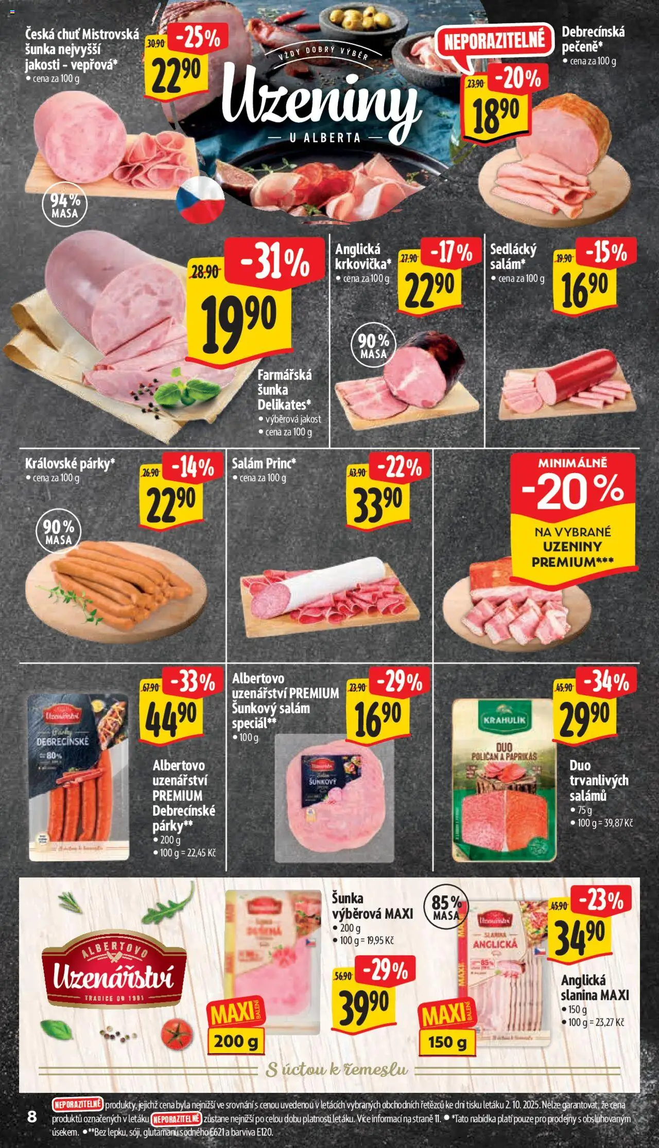 Albert leták - Supermarket od 08.10.2025 | Strana: 15 | Produkty: Šunka, Uzeniny, Šunkový salám, Slanina