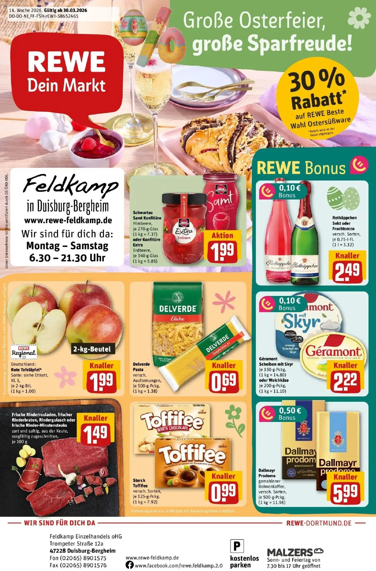 Rewe Prospekt Duisburg / Bergheim	 – gültig ab 30.03.2026 | Seite: 1 | Produkte: Schokolade, Fruchtsecco, Himbeere, Pasta