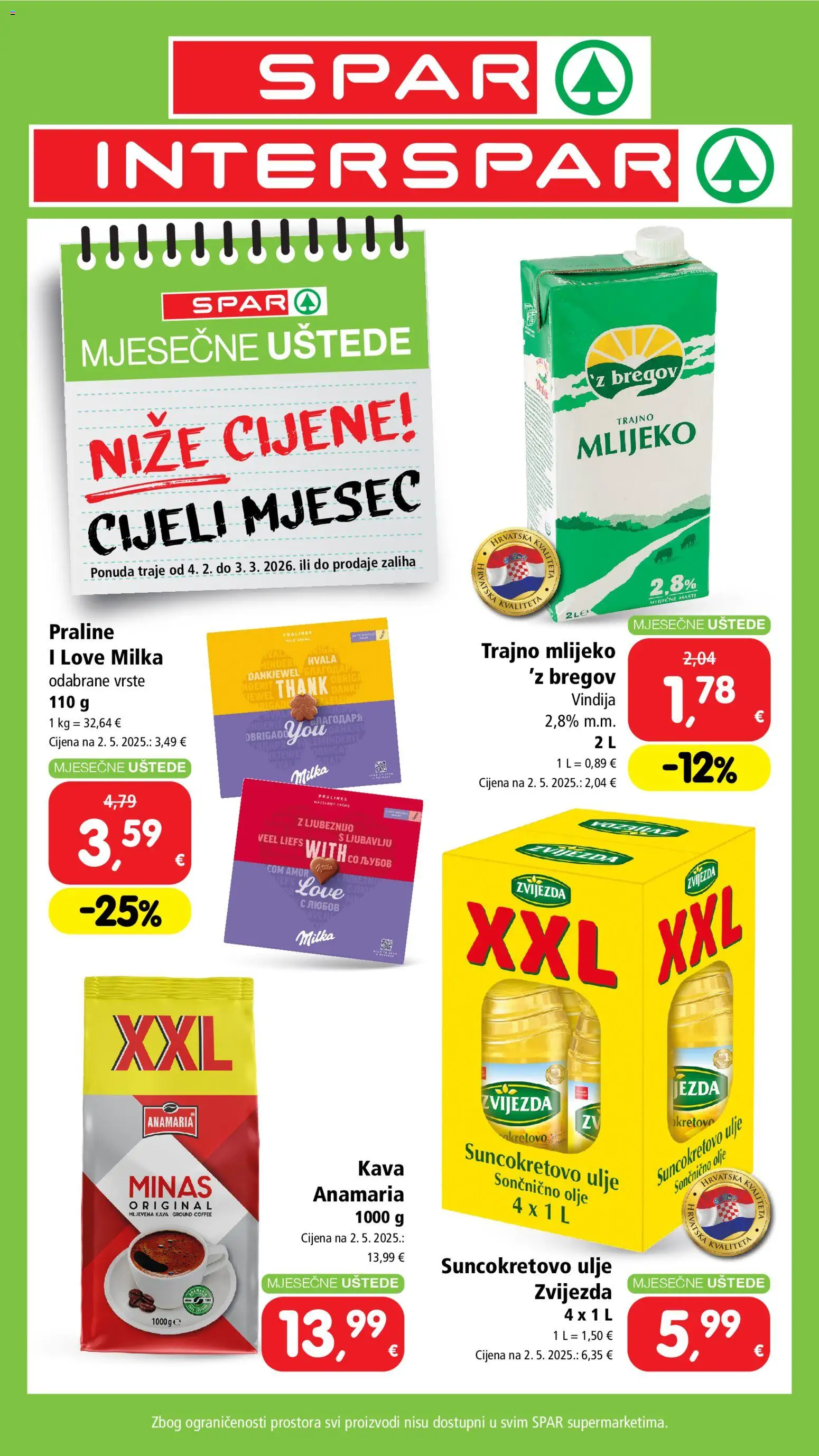Interspar katalog | vrijedi od 04.02.2026 | Stranica: 1 | Proizvodi: Suncokretovo ulje, Ulje, Kava, Trajno mlijeko
