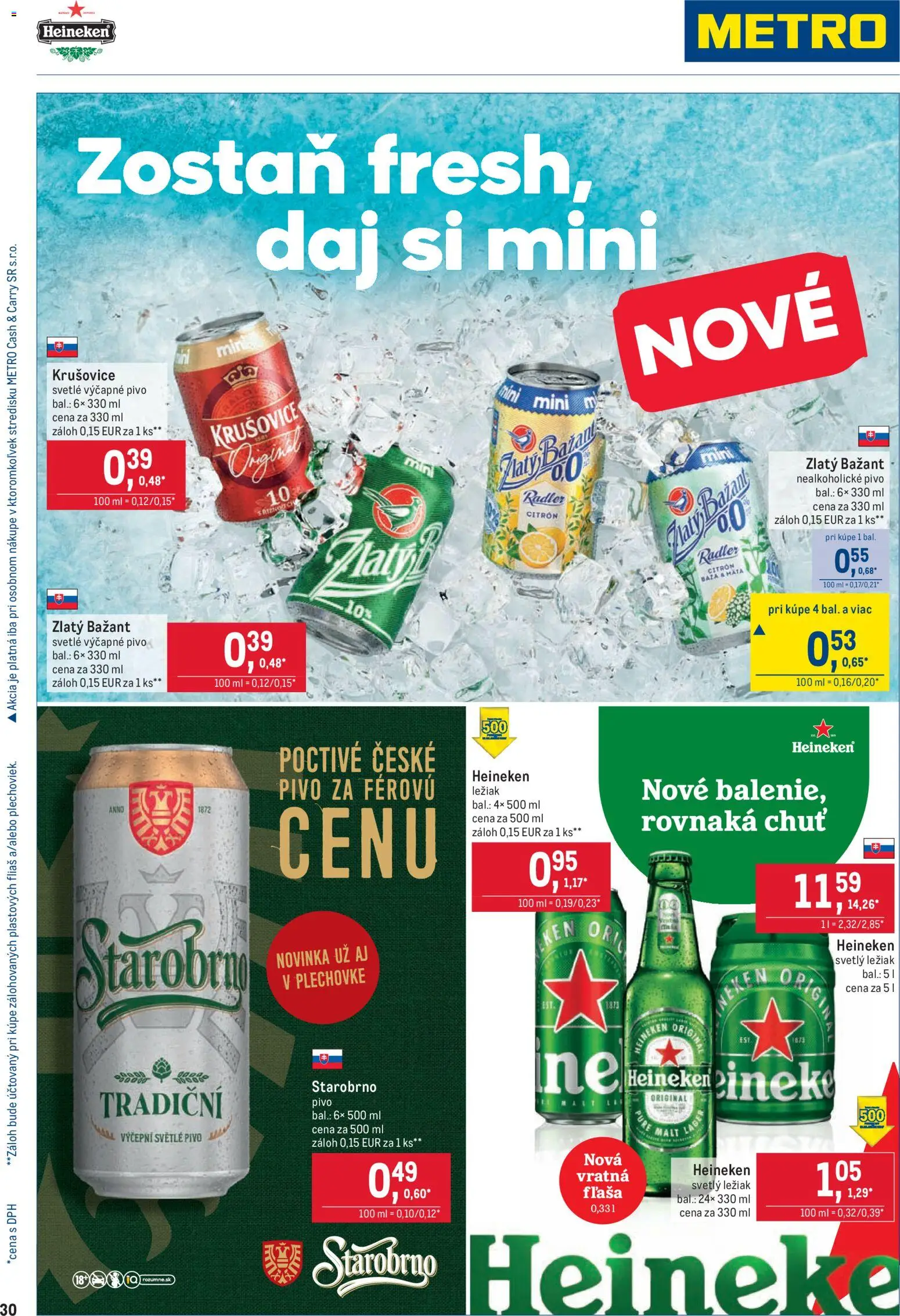 Nové Metro akcie – leták je platný od 25.03.2026 | Strana: 30 | Produkty: Pivo, Radler, Zlatý Bažant, Nealkoholické pivo