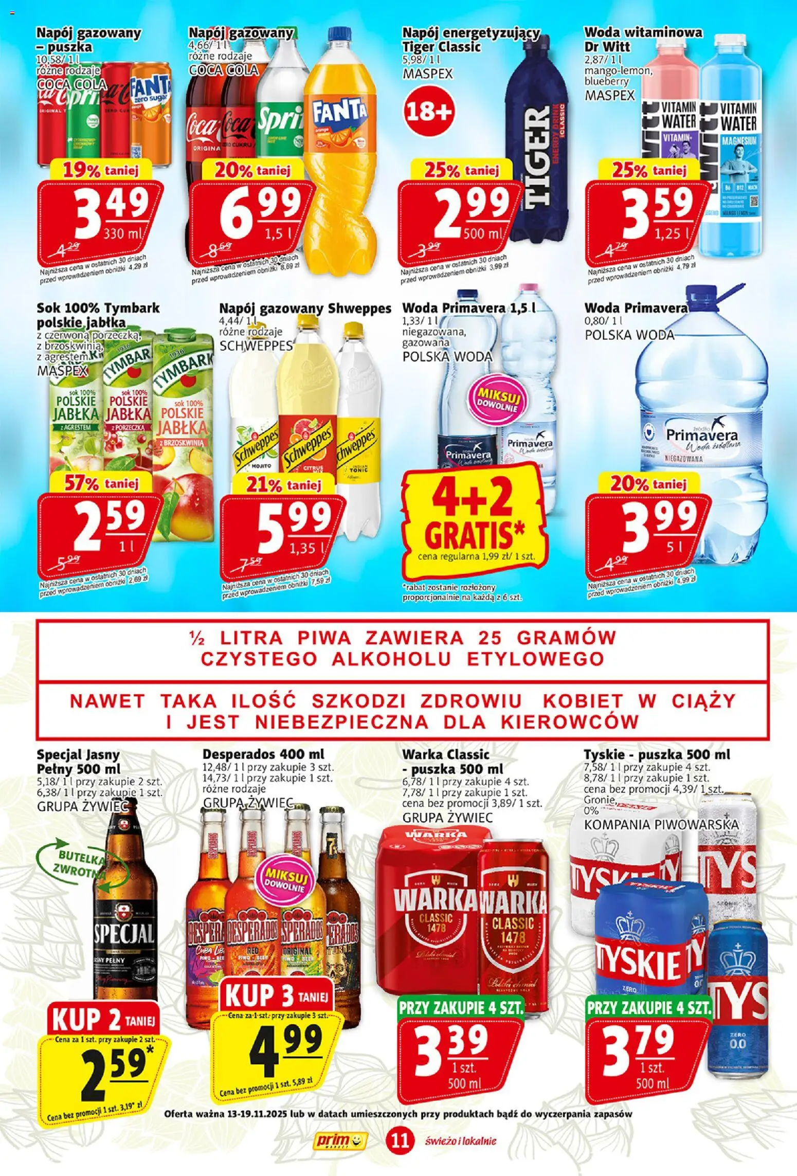 Prim Market Gazetka od 13.11.2025 | Strona: 11 | Produkty: Brzoskwinia, Coca cola, Warka, Sok