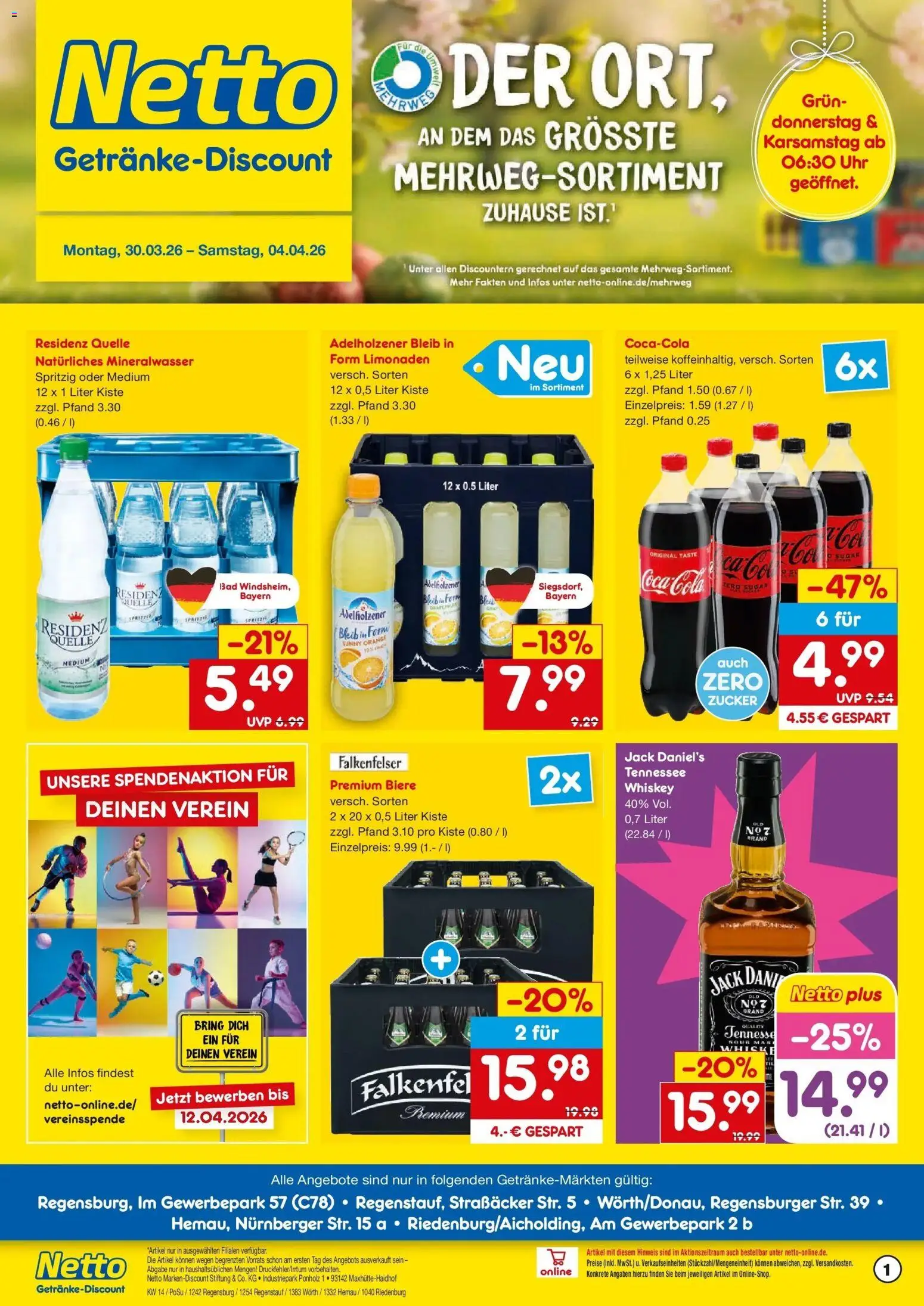 Netto Marken-Discount Prospekt Riedenburg-Aicholding	 – gültig ab 30.03.2026 | Seite: 1 | Produkte: Adelholzener, Mineralwasser, Whiskey, Uhr