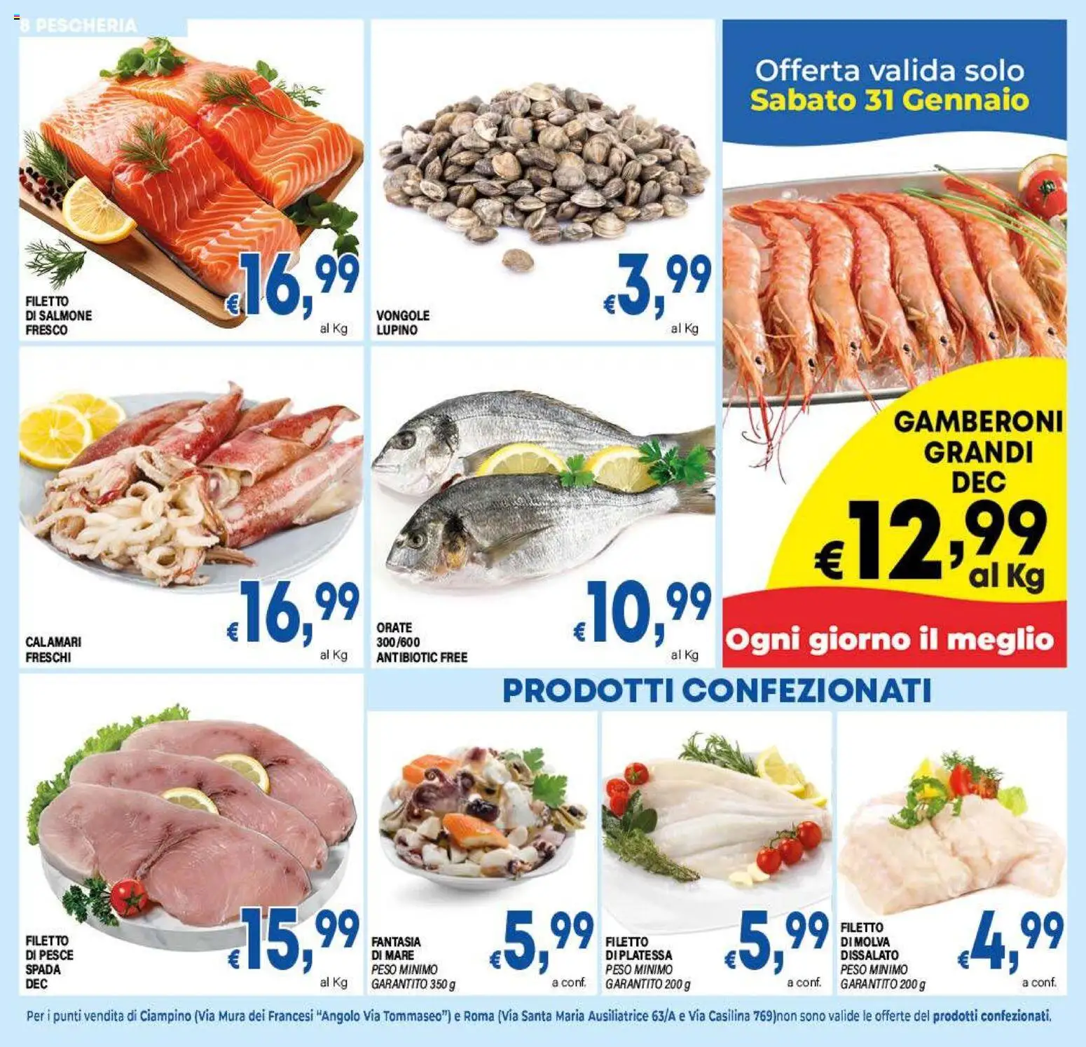 Volantino DEM del 26.01.2026 | Pagina: 8 | Prodotti: Salmone, Salmone fresco, Calamari, Gamberoni