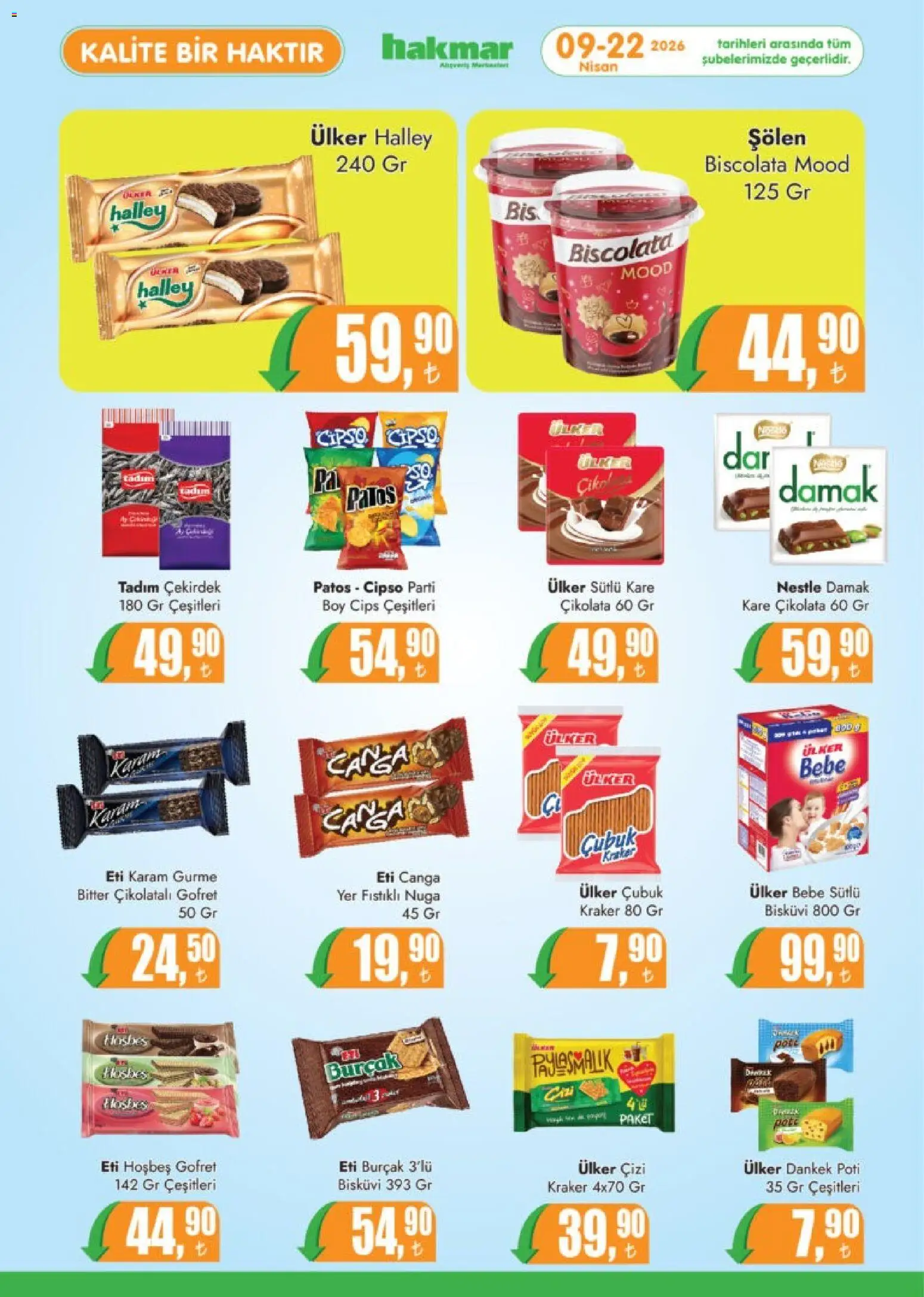 Hakmar Katalog - 09.04.2026 tarihinden itibaren geçerlidir | Sayfa: 6 | Ürünler: Çikolatalı gofret, Çikolata, Cips, Bisküvi