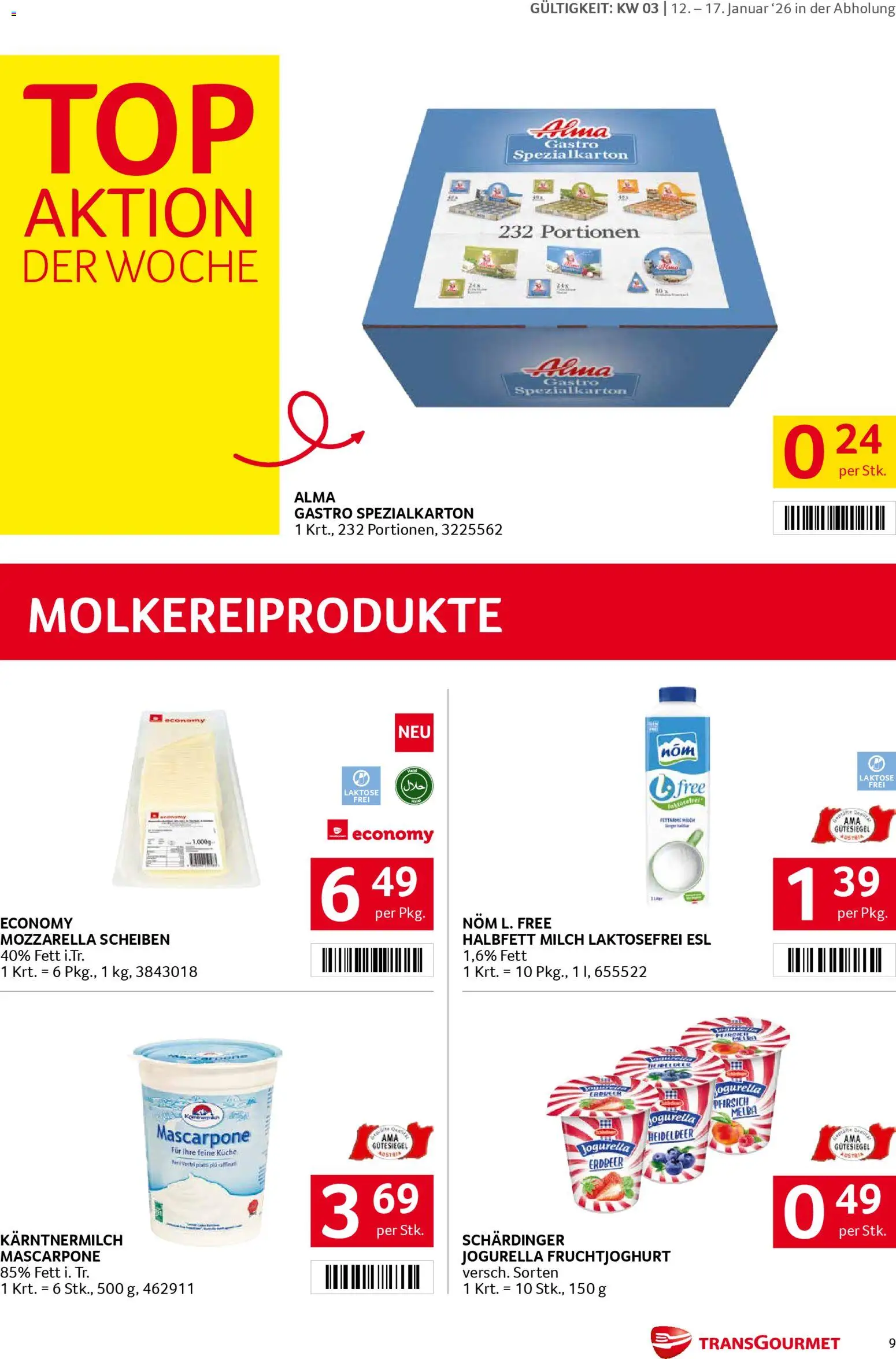 Transgourmet Flugblatt gültig ab 12.01.2026 | Seite: 9 | Produkte: Pfirsich, Milch