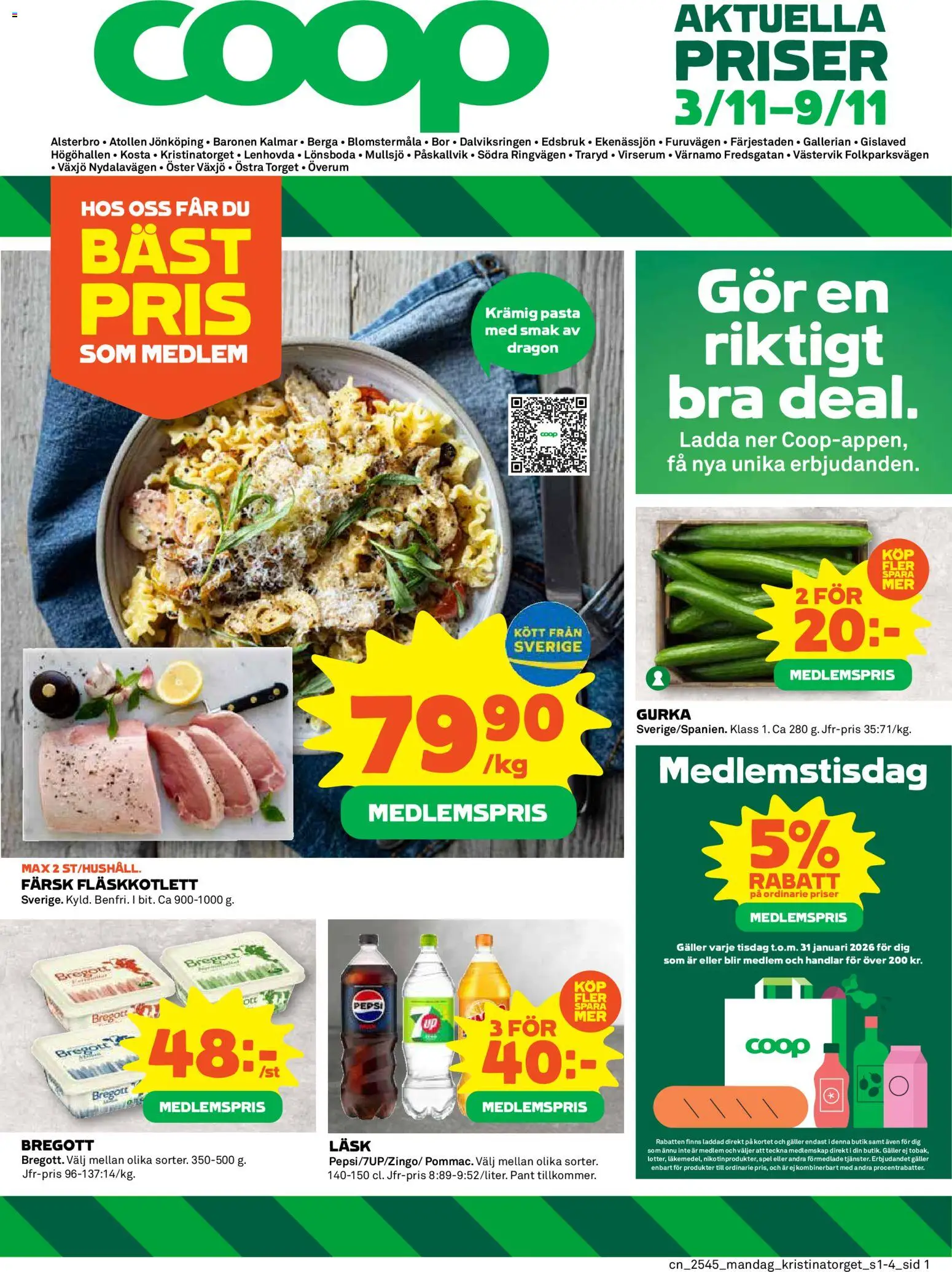 Coop reklamblad aktuell från 03.11.2025 | Sida: 1 | Produkter: Galler, Bregott, Pasta, Gurka