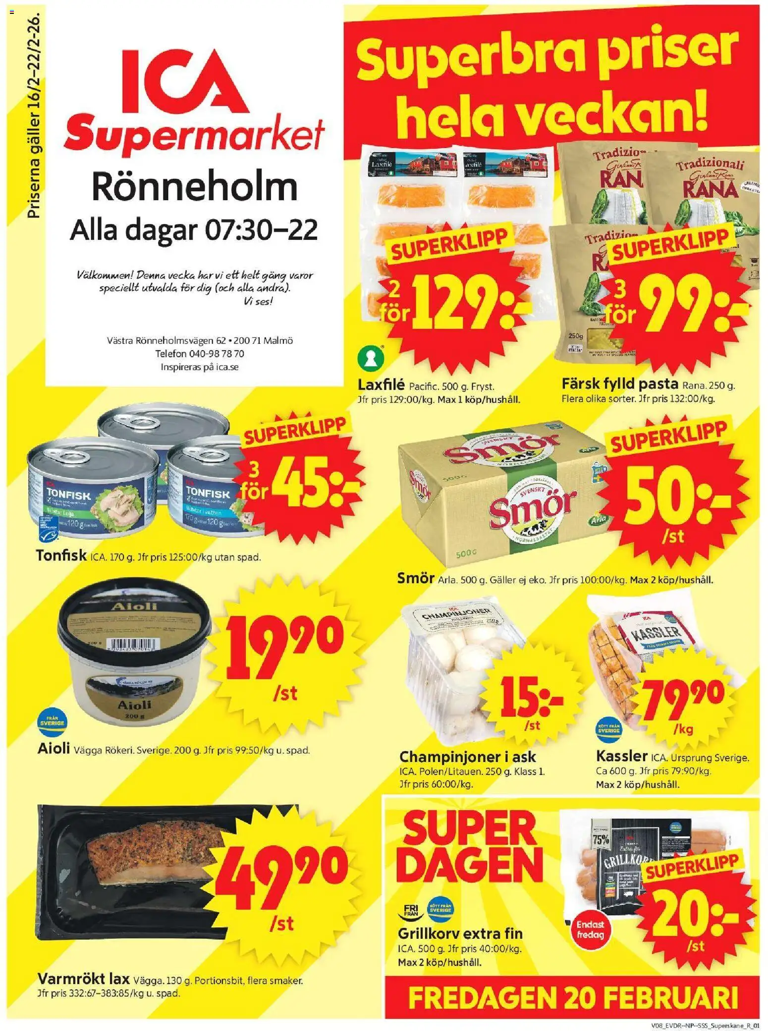 ICA Supermarket reklamblad aktuell från 16.02.2026 | Sida: 1 | Produkter: Lax, Aioli, Champinjoner, Tonfisk