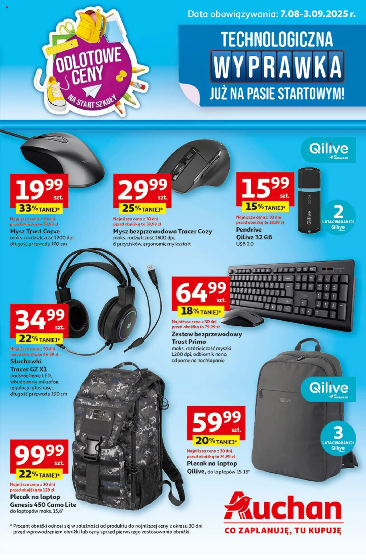 Auchan Gazetka - Technologiczna Wyprawka Szkolna Hipermarket od 07.08.2025 | Strona: 1 | Produkty: Laptop, Mysz, Słuchawki, Pendrive