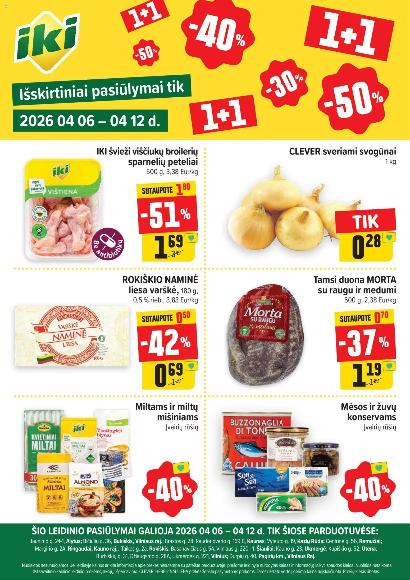 IKI akcijos nuo 06.04.2026 | Puslapis: 1 | Prekių: Varškė, Kumpis, Miltai, Vištiena