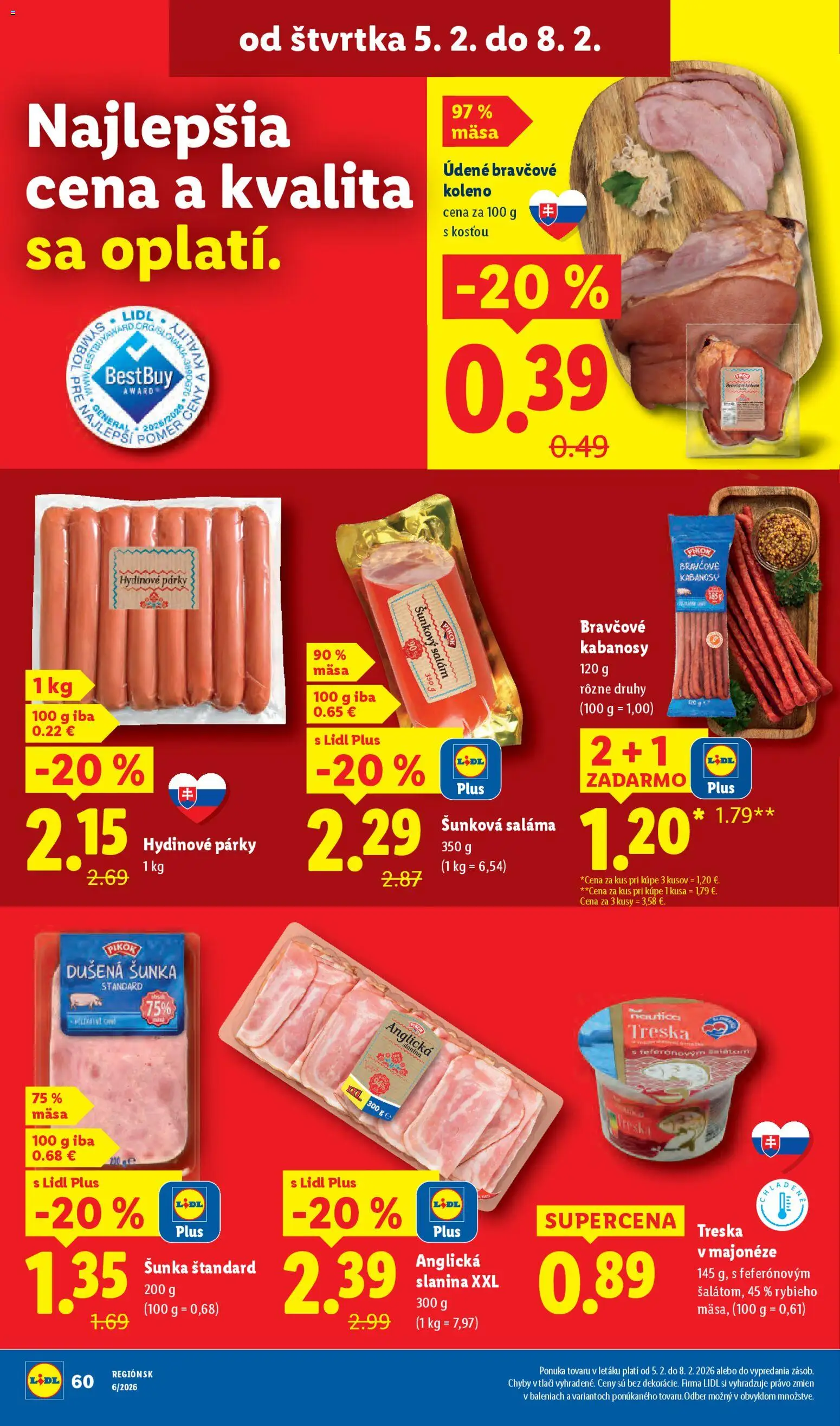 Nové Lidl akcie – leták je platný od 02.02.2026 | Strana: 60 | Produkty: Šunka, Slanina, Párky, Treska