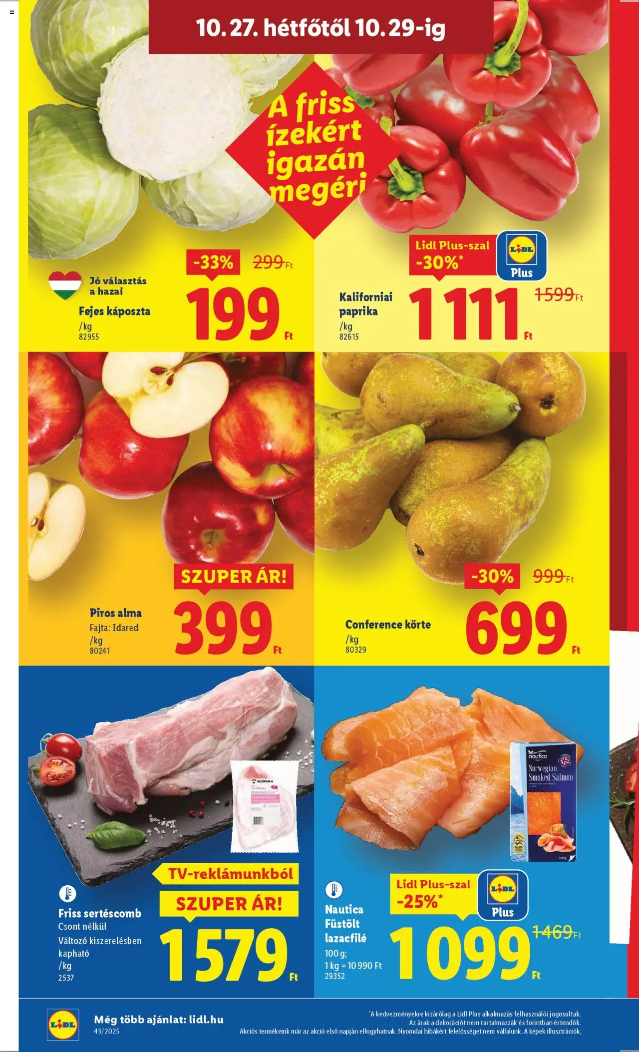 Lidl akciós ujság - amely érvényes a következő dátumtól: 22.10.2025 | Oldal: 50 | Termékek: Fejes káposzta, Lazacfilé, Sertéscomb, Alma
