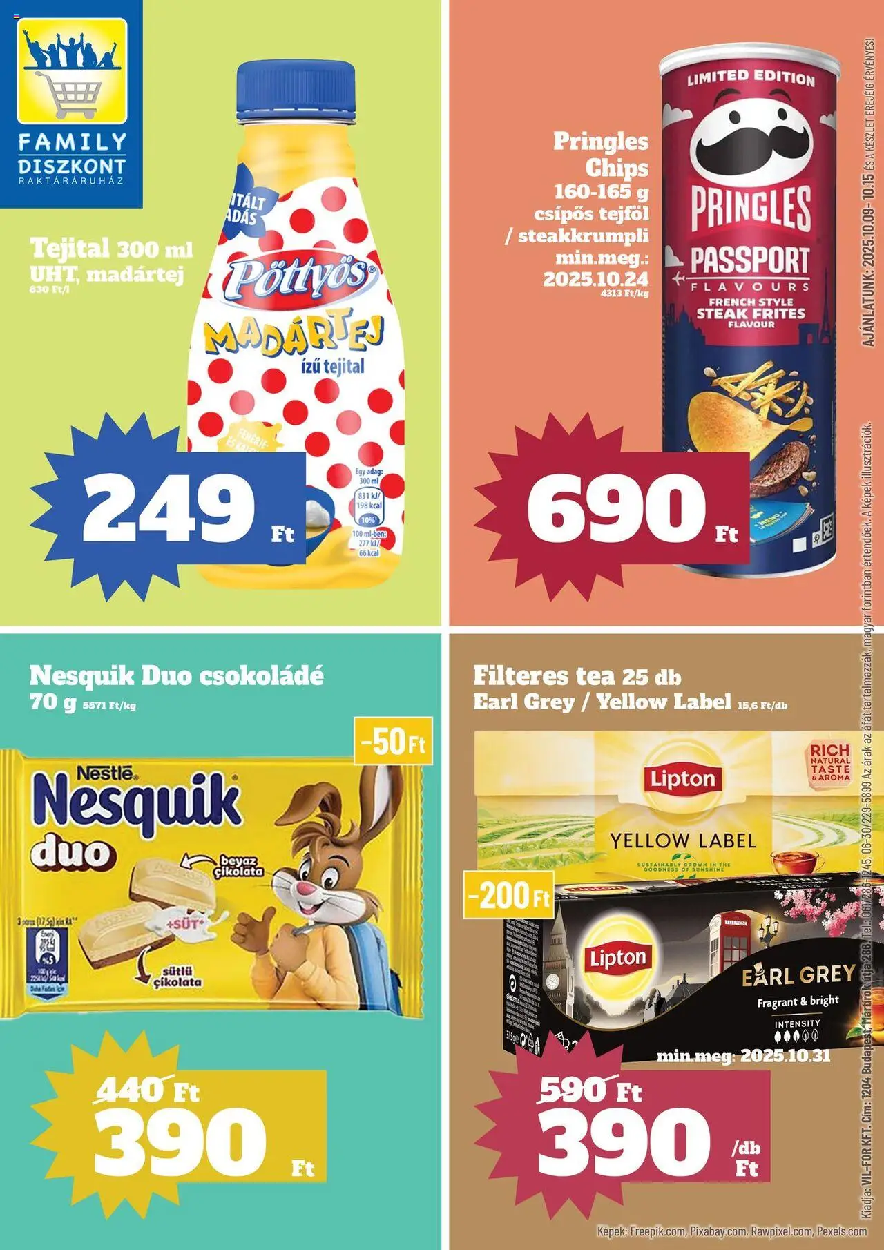 Family Diszkont akciós ujság - amely érvényes a következő dátumtól: 09.10.2025 | Oldal: 1 | Termékek: Pringles, Fehérje, Csokoládé, Tea