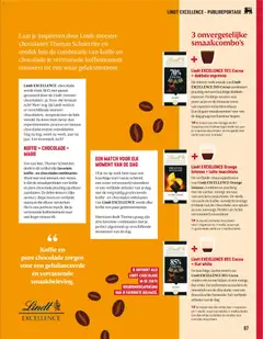 Lindt EXCELLENCE 70% Cocoa + dubbele espresso, De intense, volle smaak van Lindt EXCELLENCE 70% Cocoa combineert prachtig met een krachtige dubbele espresso. De diepe aroma's van pure cacao en de robuuste tonen van espresso versterken elkaar. Een elegant smaakmoment voor wie de dag graag met karakter begint. - Voorbeeld van een folder van Delhaize, geldig van 23.01.2026 | Pagina: 87 | Producten: Melk, Koffie, Chocolade