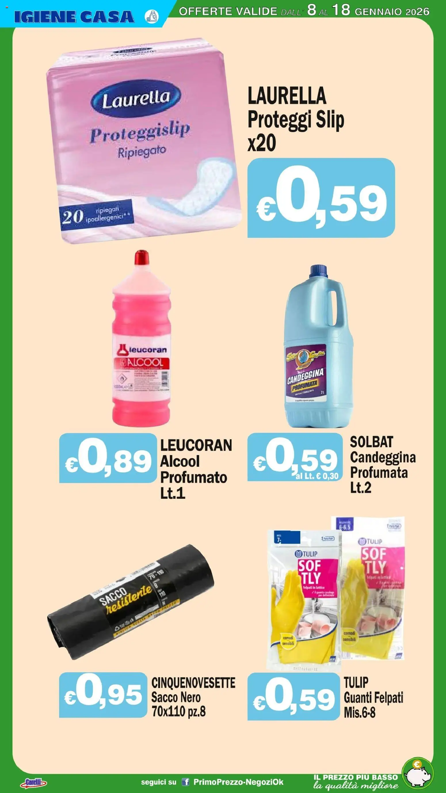 Volantino Primo Prezzo del 08.01.2026 | Pagina: 20 | Prodotti: Proteggi slip, Candeggina, Slip, Guanti