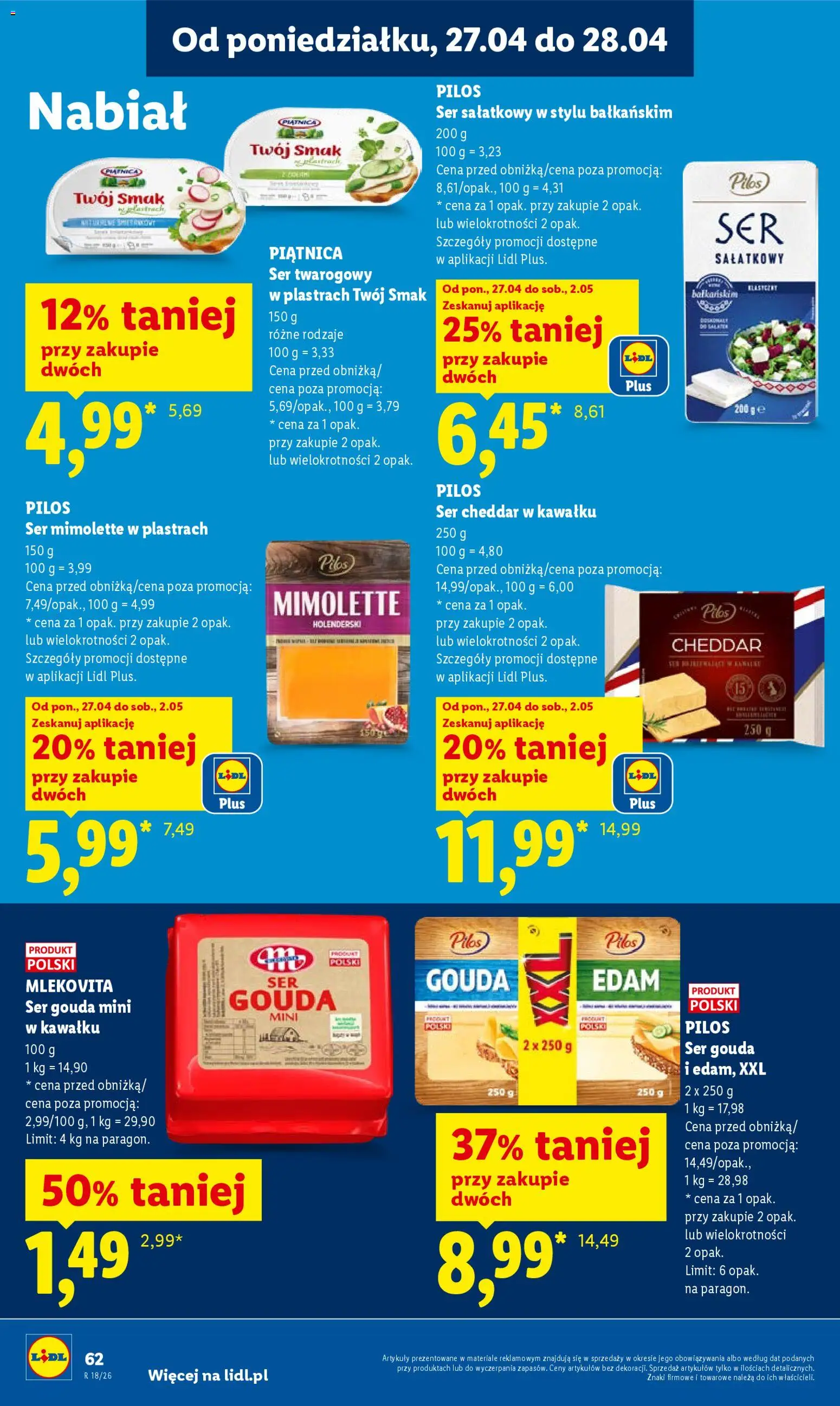 Lidl Polsko leták od 27.04.2026 | Strana: 62 | Produkty: Gouda, Cheddar