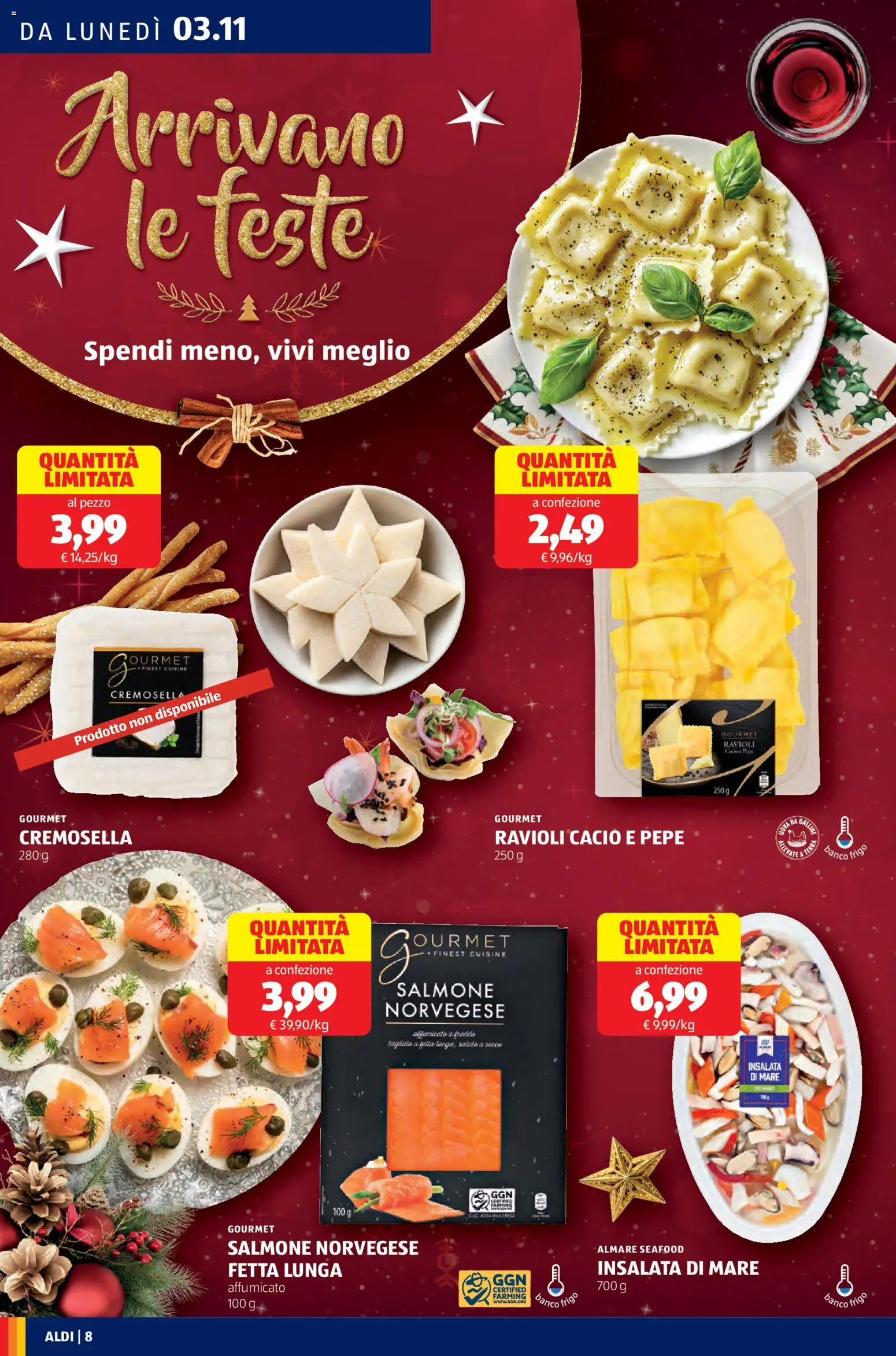 Volantino Aldi del 03.11.2025 | Pagina: 8 | Prodotti: Salmone, Insalata, Ravioli, Terra