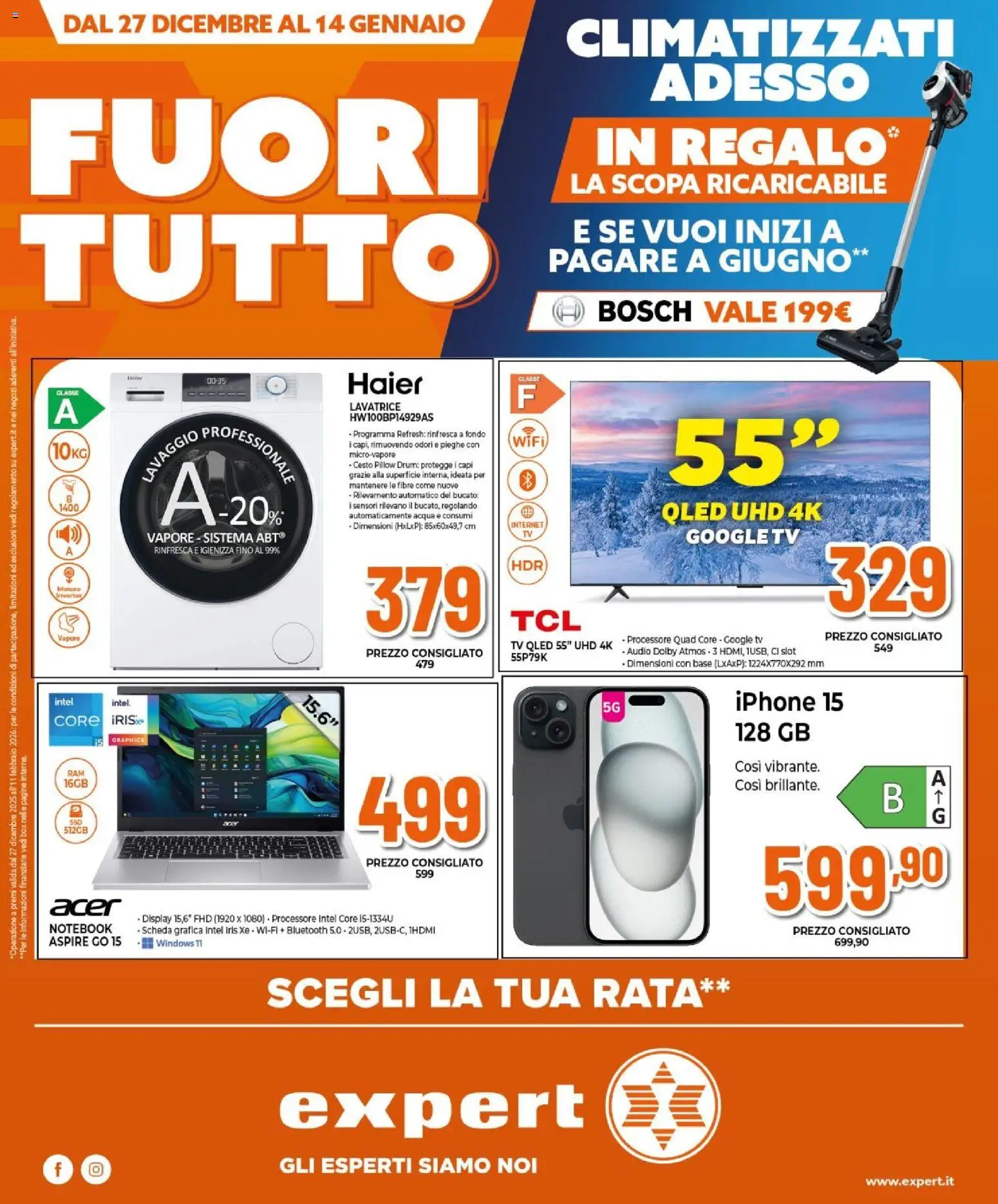 Volantino Expert del 27.12.2025 | Pagina: 1 | Prodotti: Iphone, Acqua, Lavatrice, TV