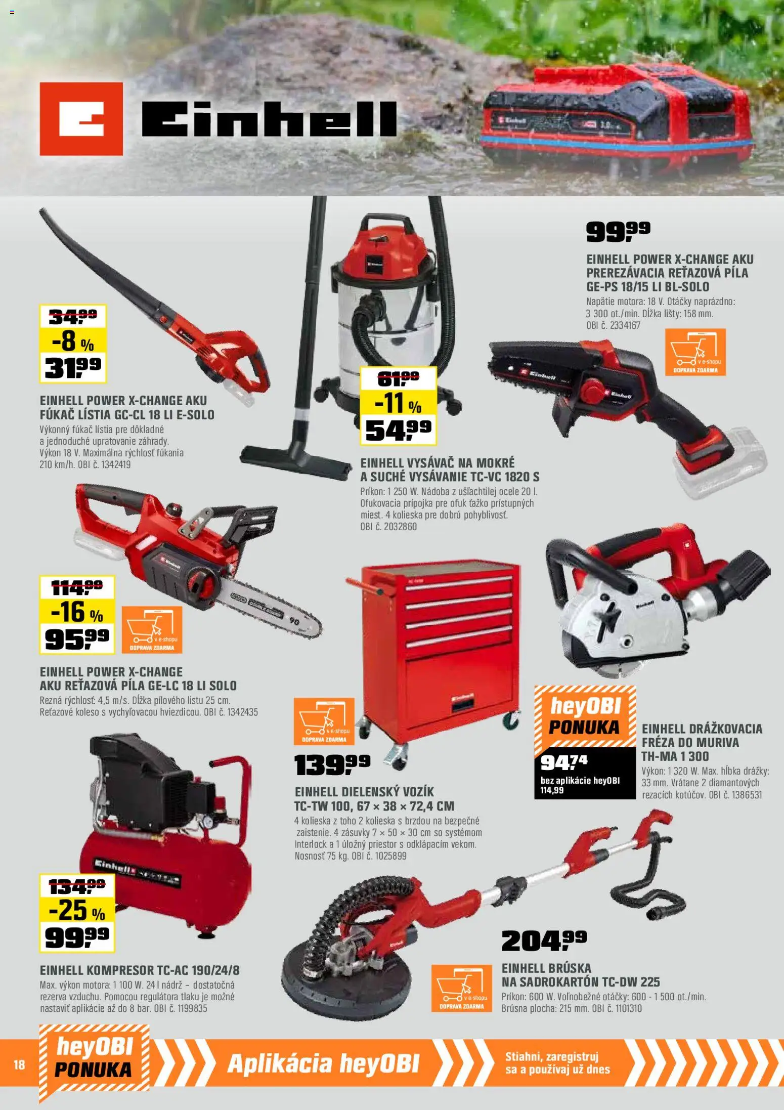 Nové OBI akcie – leták je platný od 01.12.2025 | Strana: 18 | Produkty: Aku reťazová píla, Reťazová píla, Kompresor, Píla