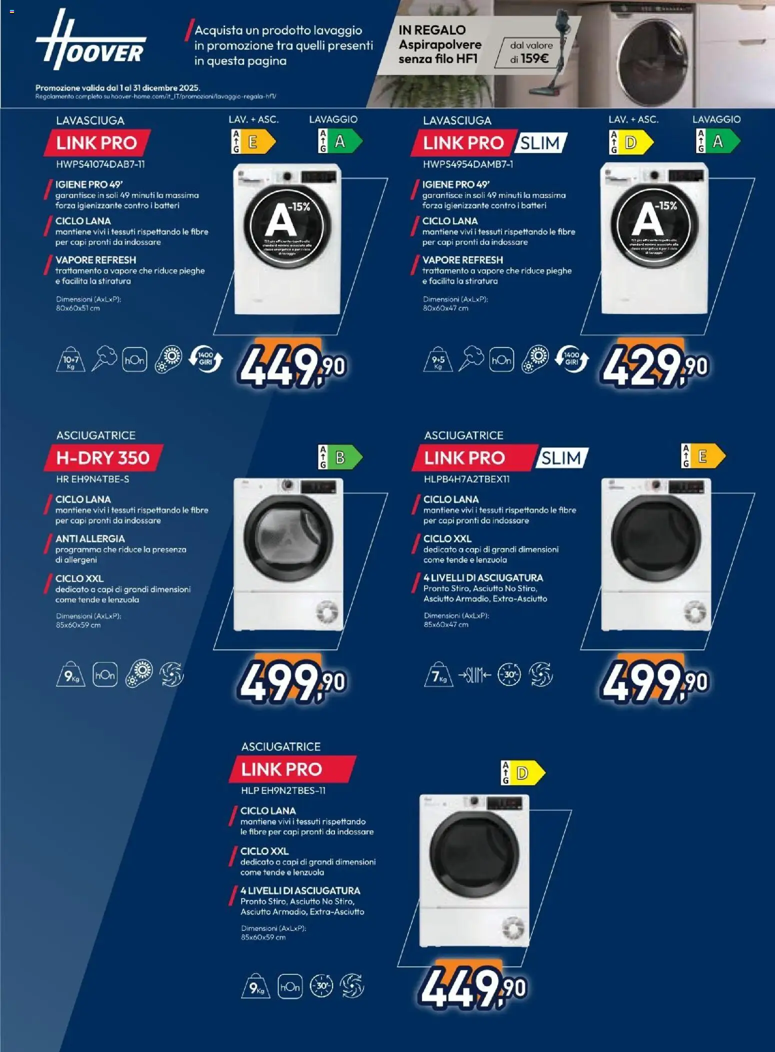 Volantino Unieuro del 05.12.2025 | Pagina: 3 | Prodotti: Lavasciuga, Asciugatrice, Aspirapolvere, Lenzuola