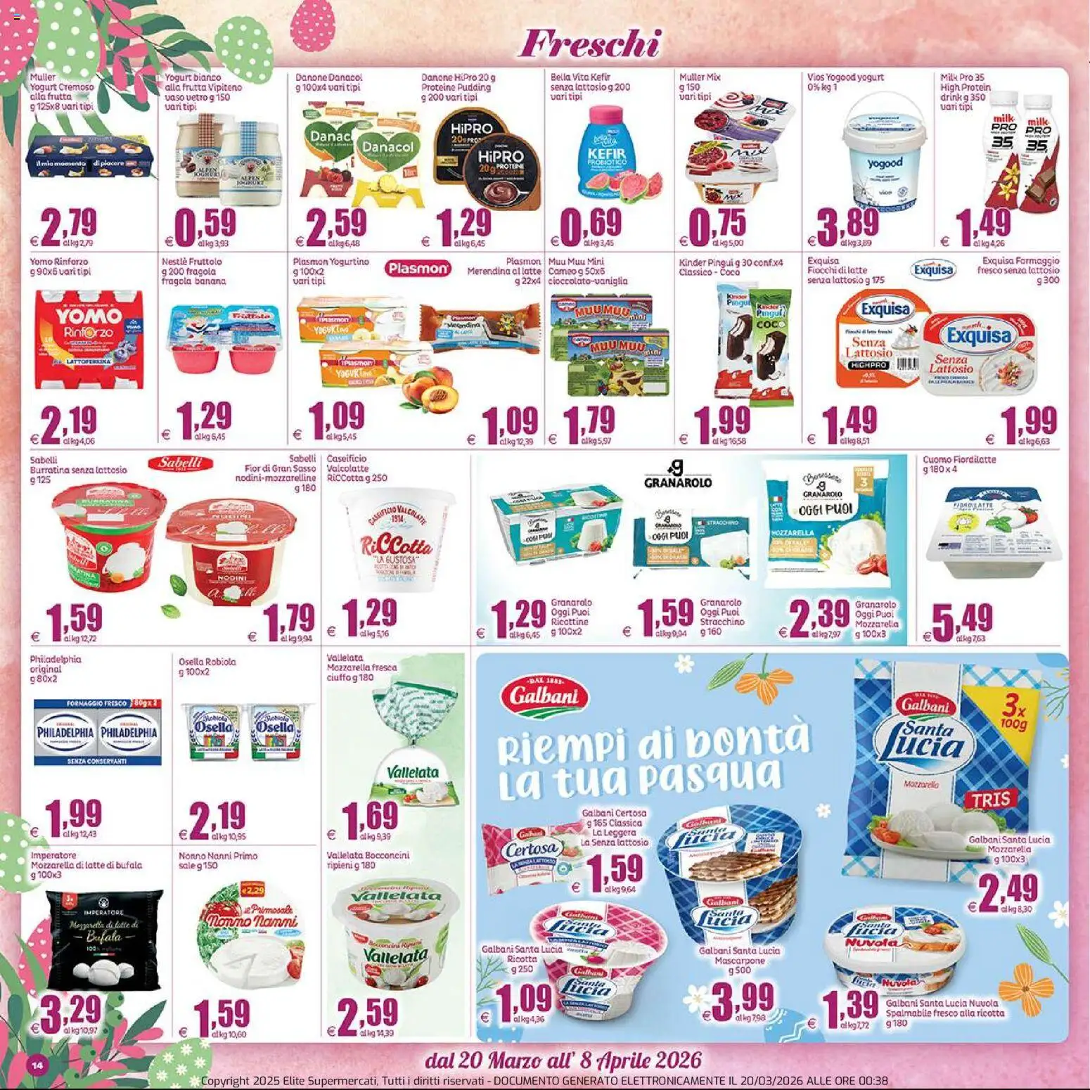 Volantino Elite Supermercati del 20.03.2026 | Pagina: 14 | Prodotti: Fiocchi di latte, Frutta, Sale, Formaggio