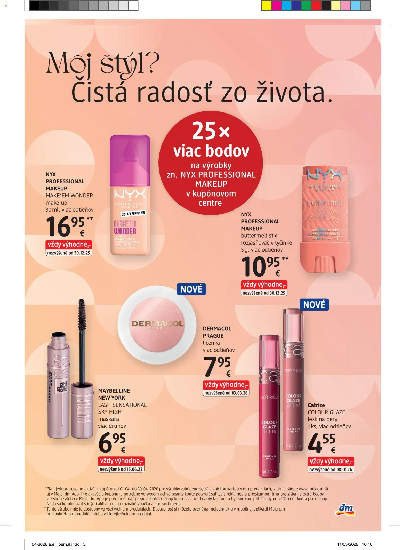 Nové dm drogerie akcie – leták je platný od 01.04.2026 | Strana: 3 | Produkty: Lícenka, Rozjasňovač, Lesk na pery