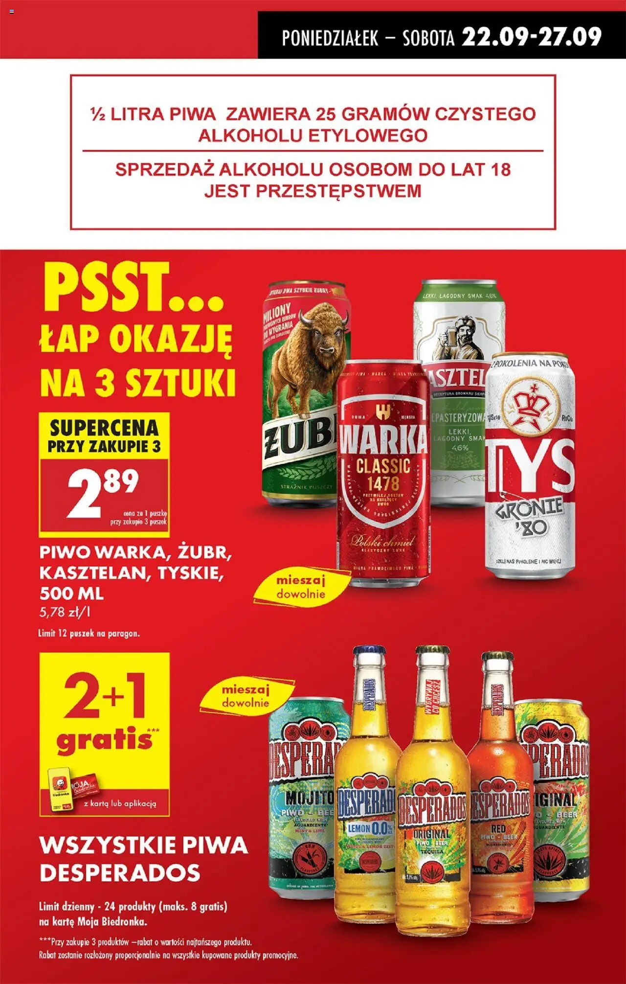 Biedronka gazetka od 22.09.2025 | Strona: 9 | Produkty: Warka, Tyskie, Tequila, Piwo