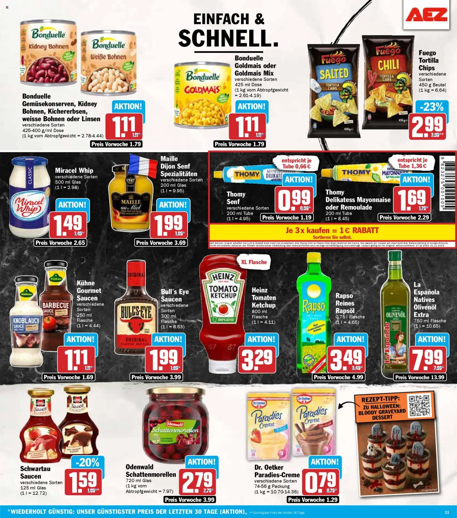 AEZ Prospekt 	 – gültig ab 27.10.2025 | Seite: 11 | Produkte: Rapsöl, Olivenol, Tomaten, Miracel whip
