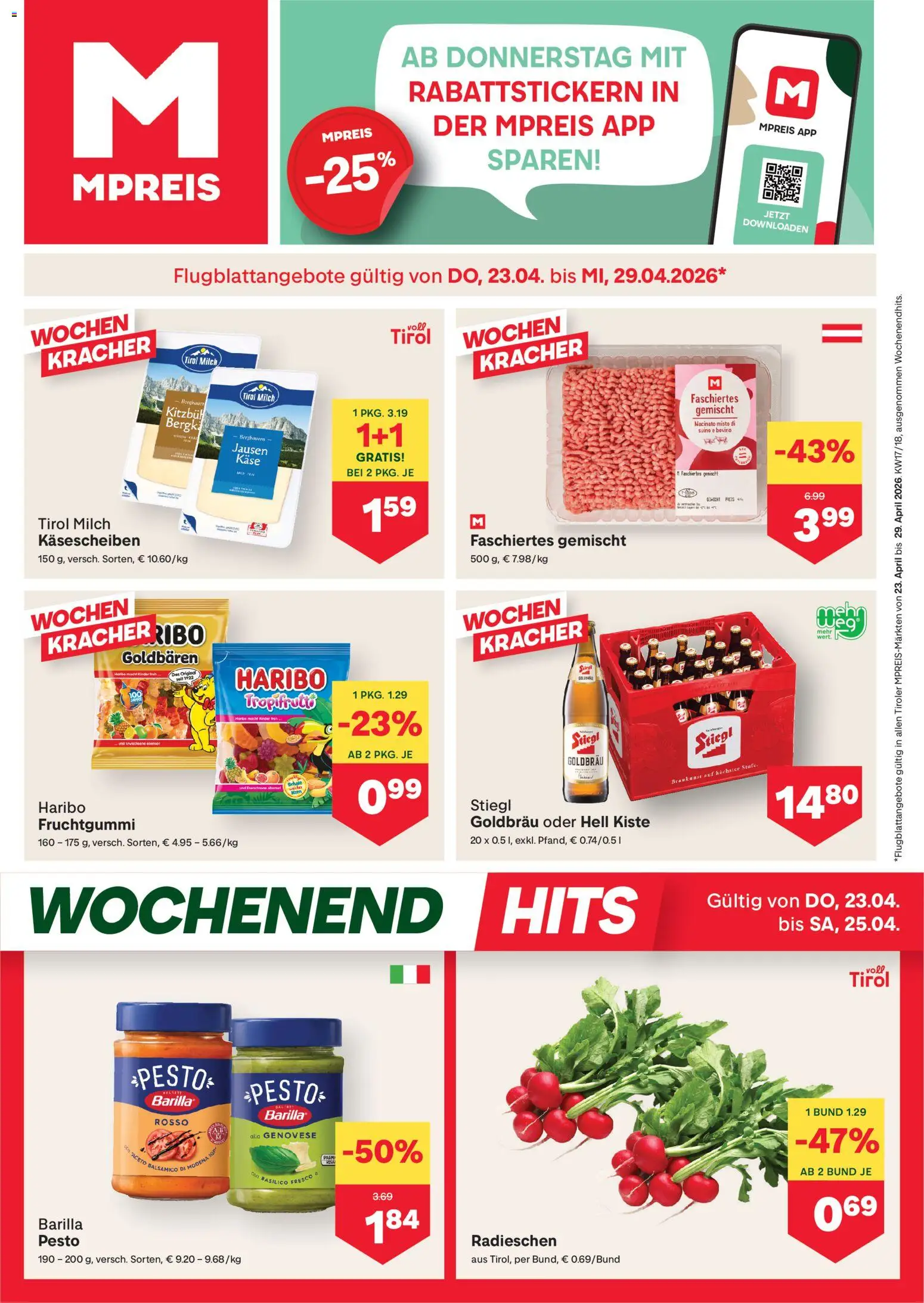 MPREIS Flugblatt gültig ab 23.04.2026 | Seite: 1 | Produkte: Gewicht, Milch, Käse