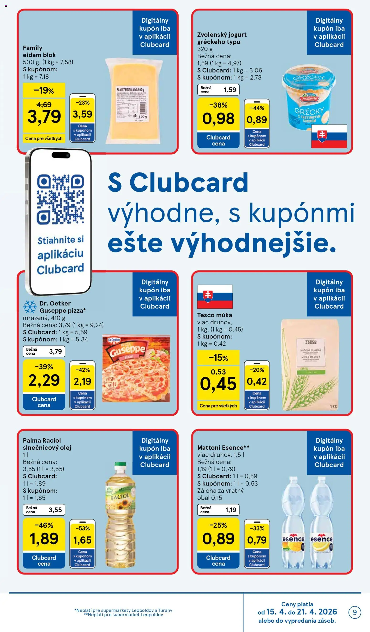 Nové Tesco akcie – leták je platný od 15.04.2026 | Strana: 9 | Produkty: Jogurt, Olej, Pizza, Múka