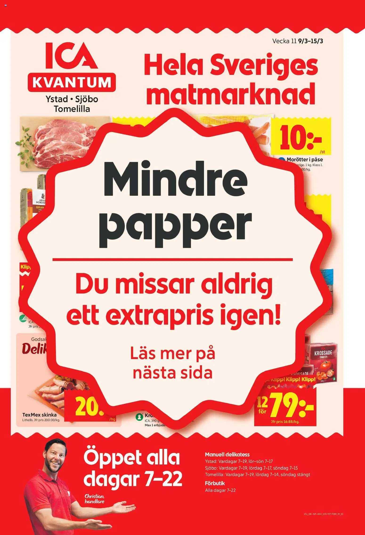 ICA Kvantum reklamblad aktuell från 09.03.2026 | Sida: 1 | Produkter: Krossade tomater, Skinka, Tomater, Papper
