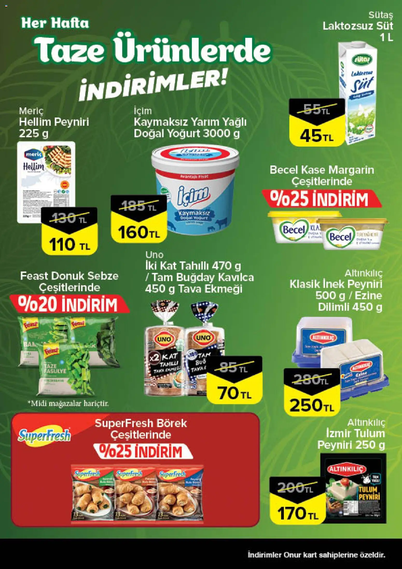 Onur Market - Taze Ürünlerde İndirimler - Bursa - 02.04.2026 tarihinden itibaren geçerlidir | Sayfa: 3 | Ürünler: Süt, Yoğurt, Tulum, Sebze