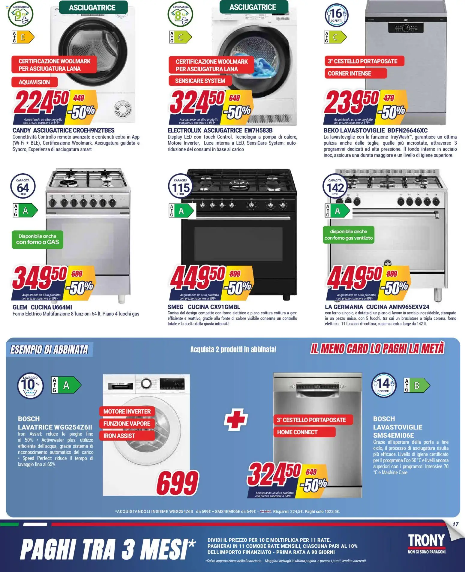 Volantino Trony del 28.04.2026 | Pagina: 17 | Prodotti: Lavatrice, Piano cottura, Portaposate, Forno elettrico