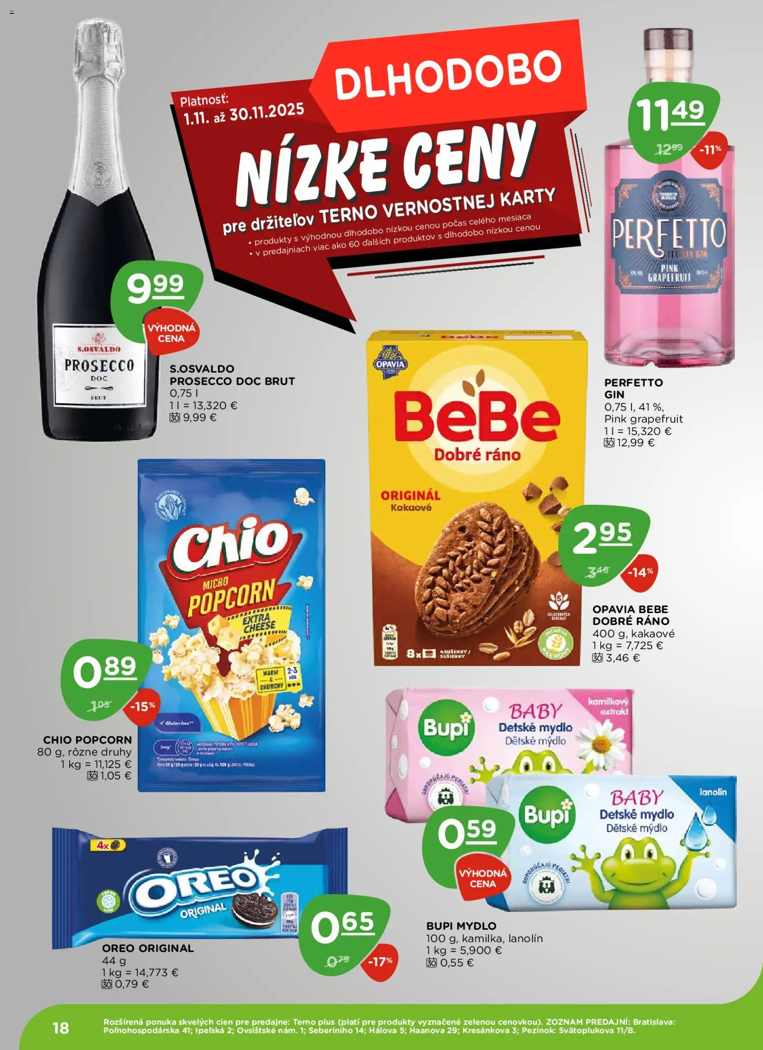 Nové Terno akcie – leták je platný od 30.10.2025 | Strana: 18 | Produkty: Prosecco, Mydlo, Gin, Grapefruit